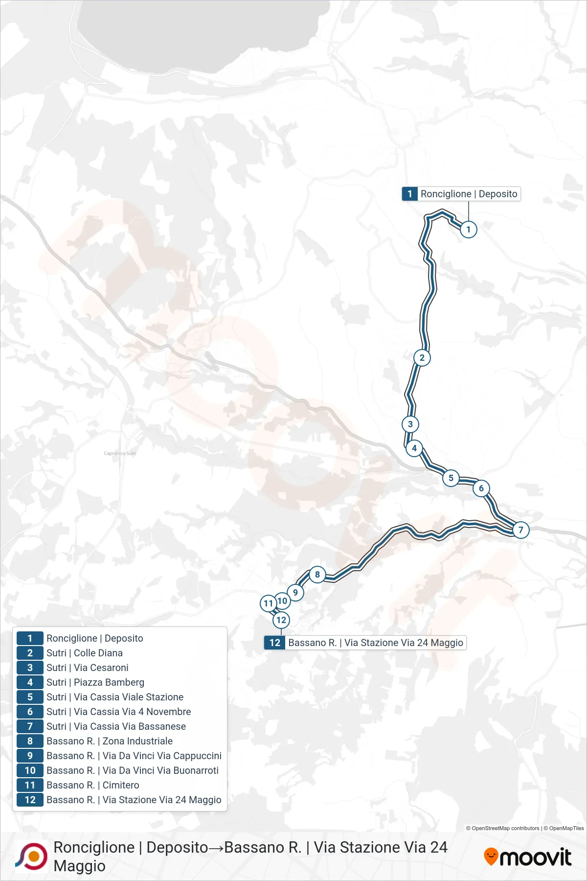 Linea COTRAL bus (Ronciglione | Deposito→Bassano R. | Via Stazione Via 24 Maggio) - Percorsi e fermate sulla mappa