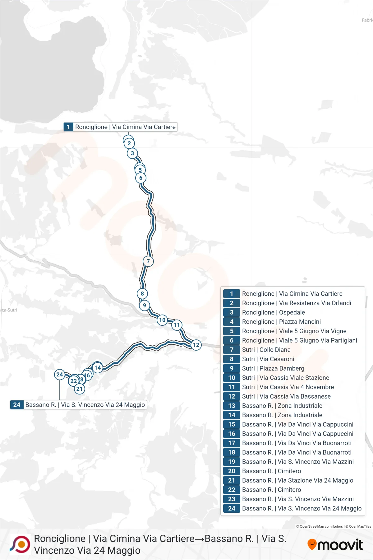 Linea COTRAL  bus (Ronciglione | Via Cimina Via Cartiere‎→Bassano R. | Via S. Vincenzo Via 24 Maggio) - Percorsi e fermate sulla mappa