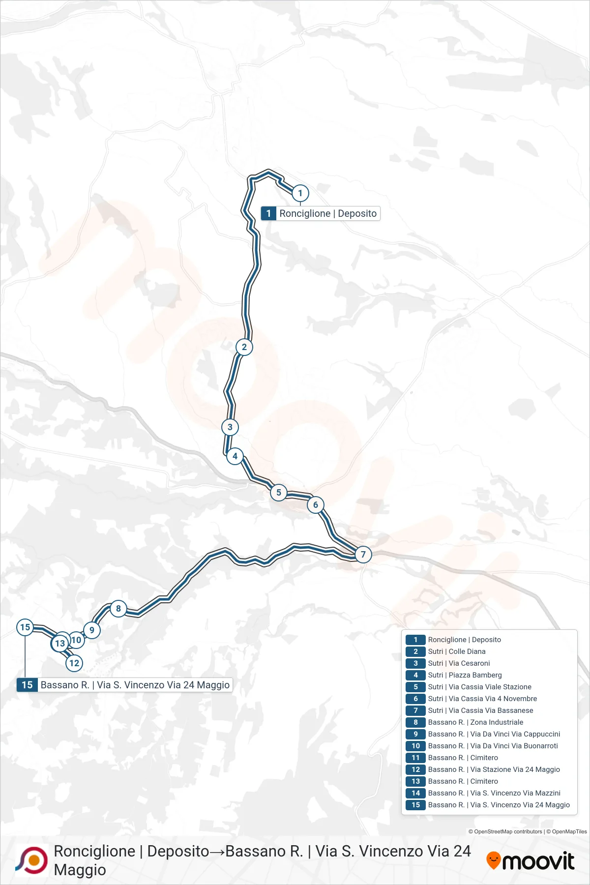 COTRAL bus Line (Ronciglione | Depot→Bassano R. | San Vincenzo Street 24 Maggio Street) route and stops on a map