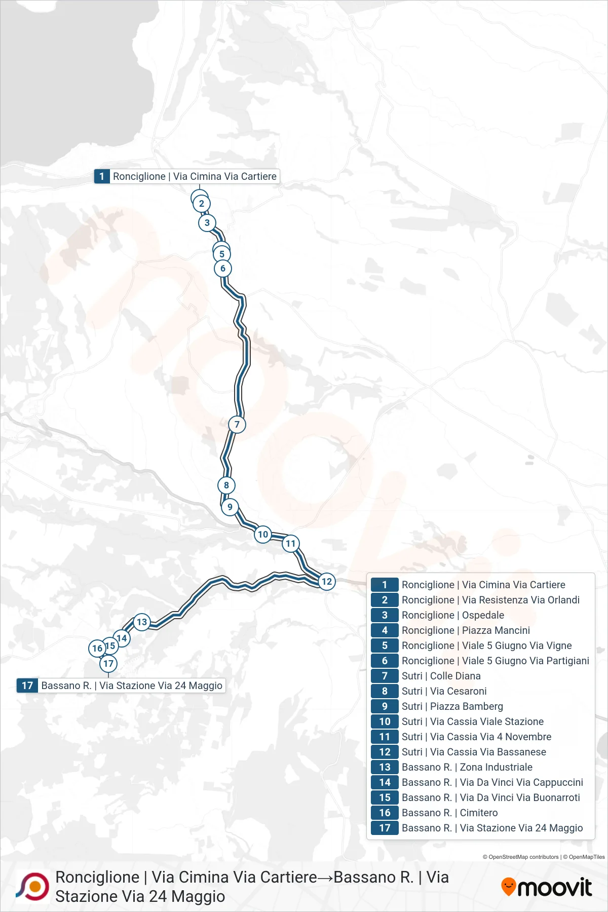 Linea COTRAL bus (Ronciglione | Via Cimina Via Cartiere→Bassano R. | Via Stazione Via 24 Maggio) - Percorsi e fermate sulla mappa
