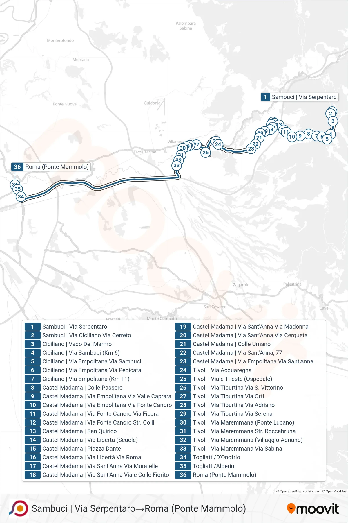 Linea COTRAL bus (Sambuci | Via Serpentaro→Roma (Ponte Mammolo)) - Percorsi e fermate sulla mappa