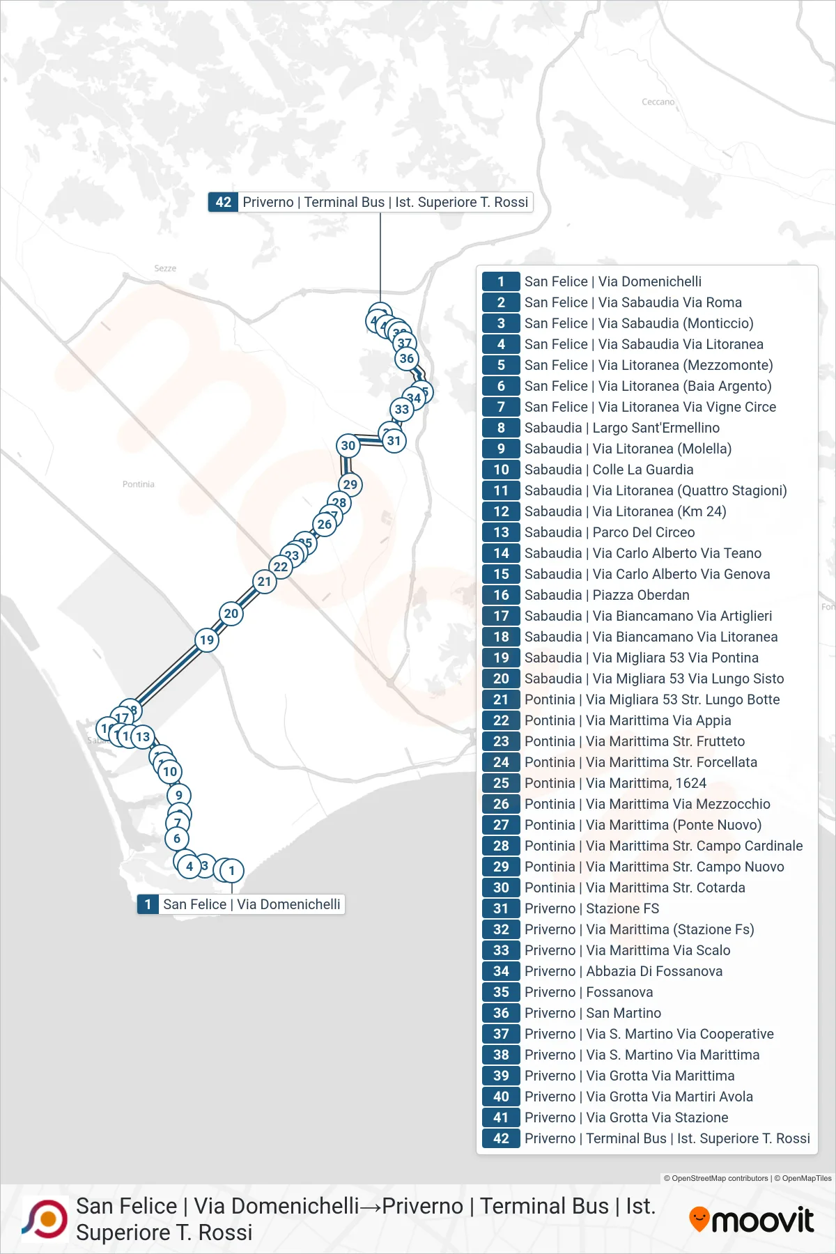 Linea COTRAL  bus (San Felice | Via Domenichelli‎→Priverno | Terminal Bus | Ist. Superiore T. Rossi) - Percorsi e fermate sulla mappa