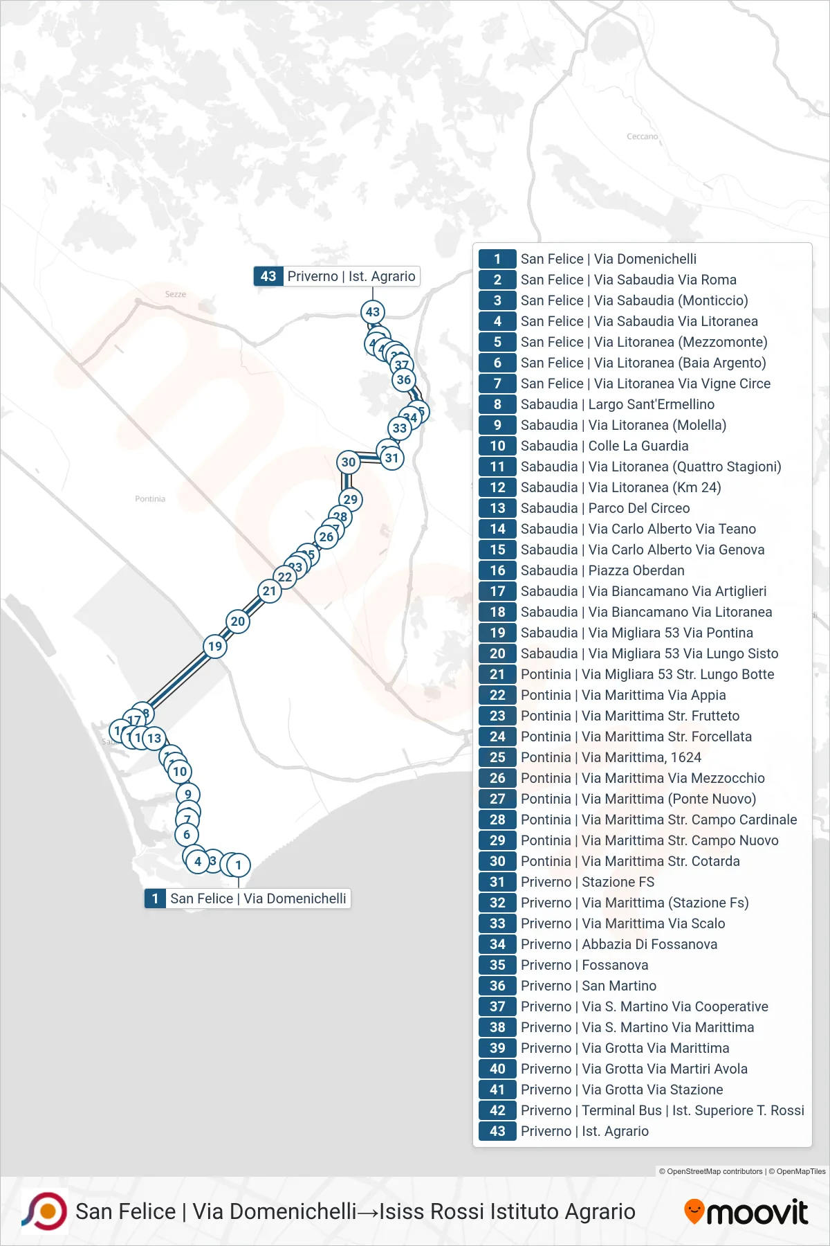 Linea COTRAL bus (San Felice | Via Domenichelli→Isiss Rossi Istituto Agrario) - Percorsi e fermate sulla mappa