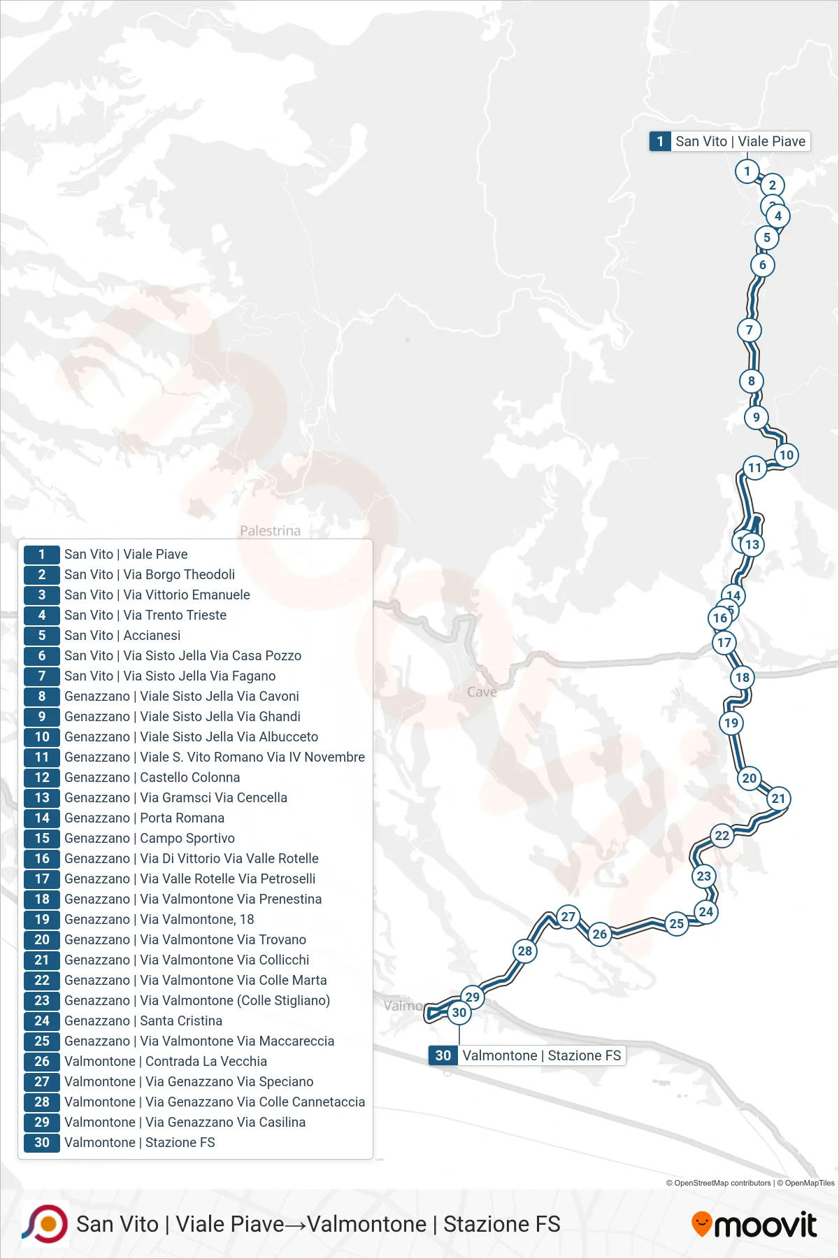 Linea COTRAL  bus (San Vito | Viale Piave‎→Valmontone | Stazione FS) - Percorsi e fermate sulla mappa