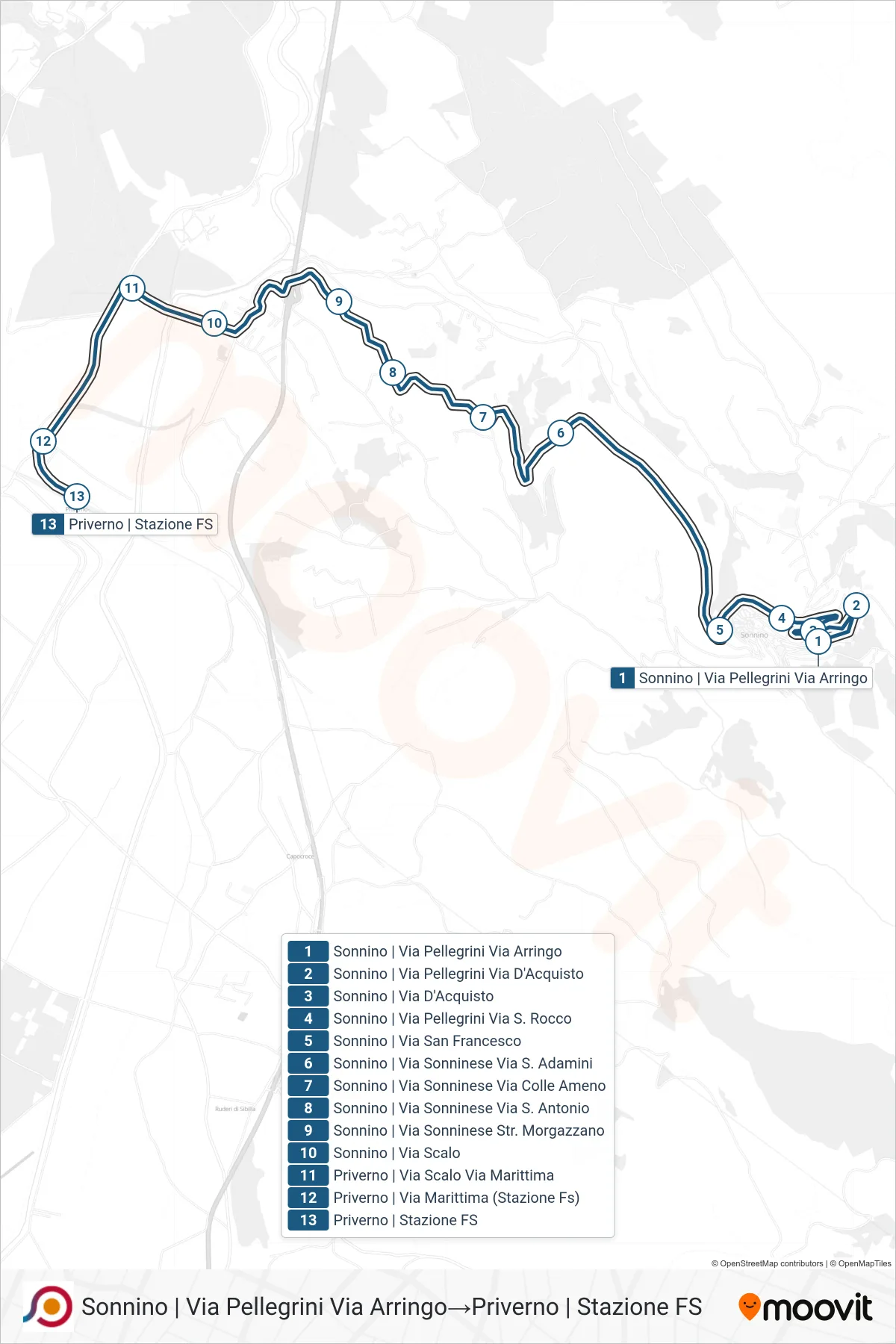Linea COTRAL  bus (Sonnino | Via Pellegrini Via Arringo‎→Priverno | Stazione FS) - Percorsi e fermate sulla mappa