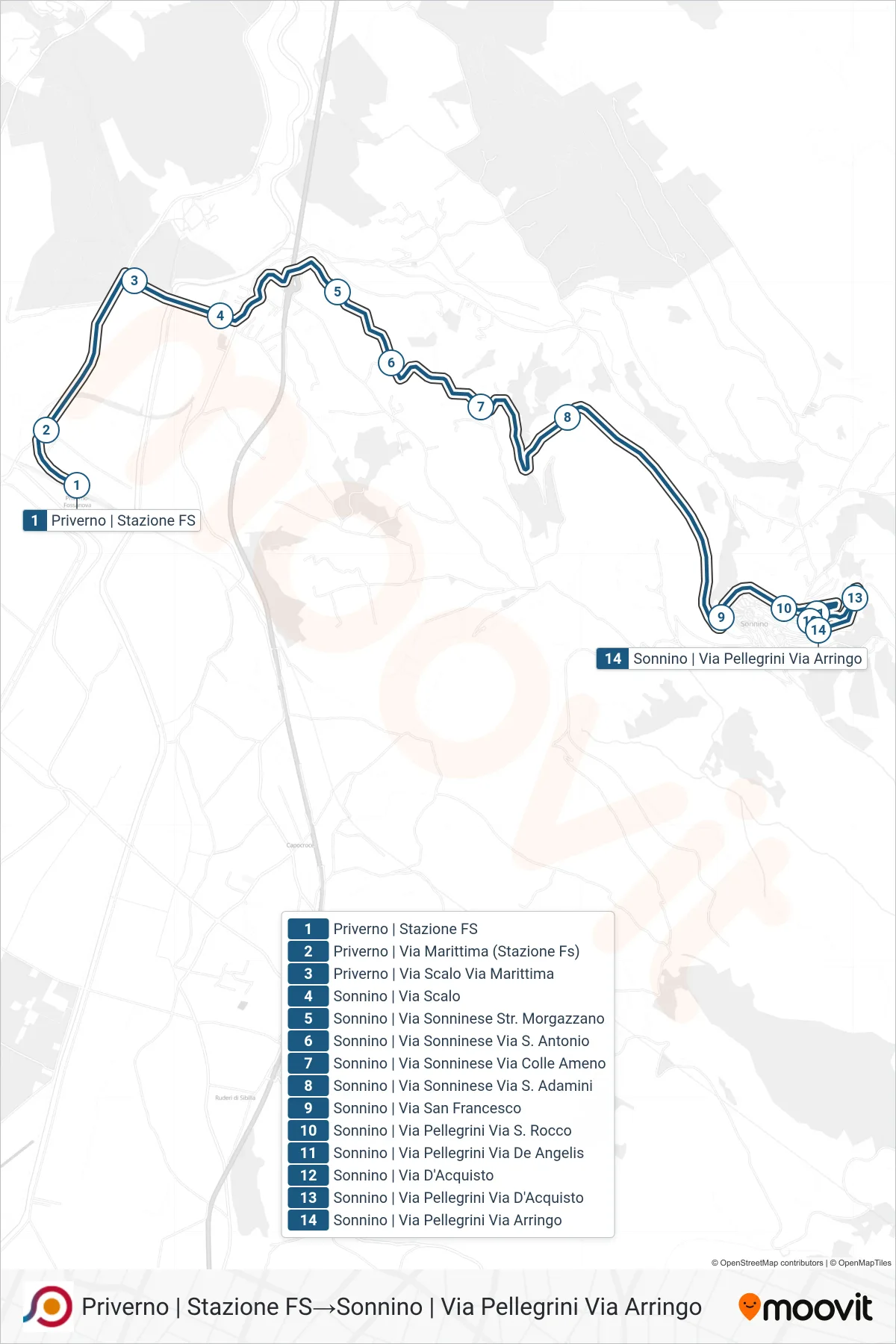 Linea COTRAL bus (Priverno | Stazione FS→Sonnino | Via Pellegrini Via Arringo) - Percorsi e fermate sulla mappa