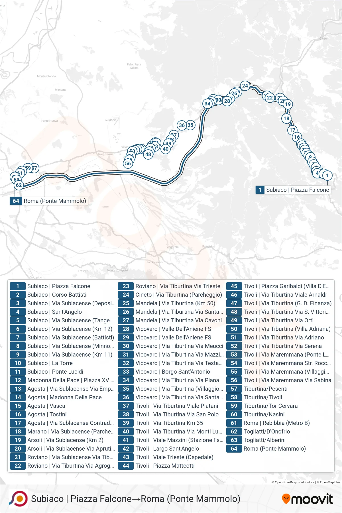 Linea COTRAL bus (Subiaco | Piazza Falcone→Roma (Ponte Mammolo)) - Percorsi e fermate sulla mappa