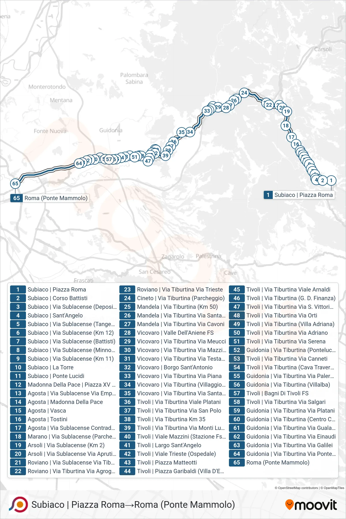 Linea COTRAL  bus (Subiaco | Piazza Roma‎→Roma (Ponte Mammolo)) - Percorsi e fermate sulla mappa