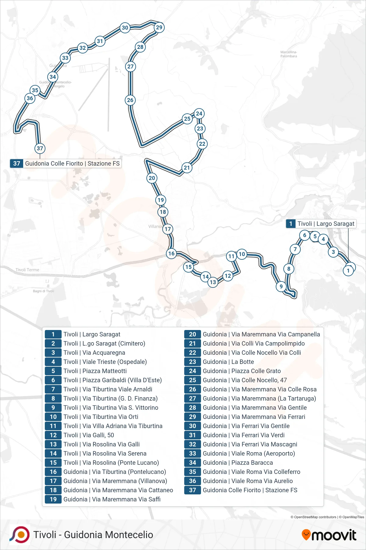 COTRAL bus Line (Tivoli via Largo Saragat→Guidonia Colle Fiorito | Stazione FS) route and stops on a map