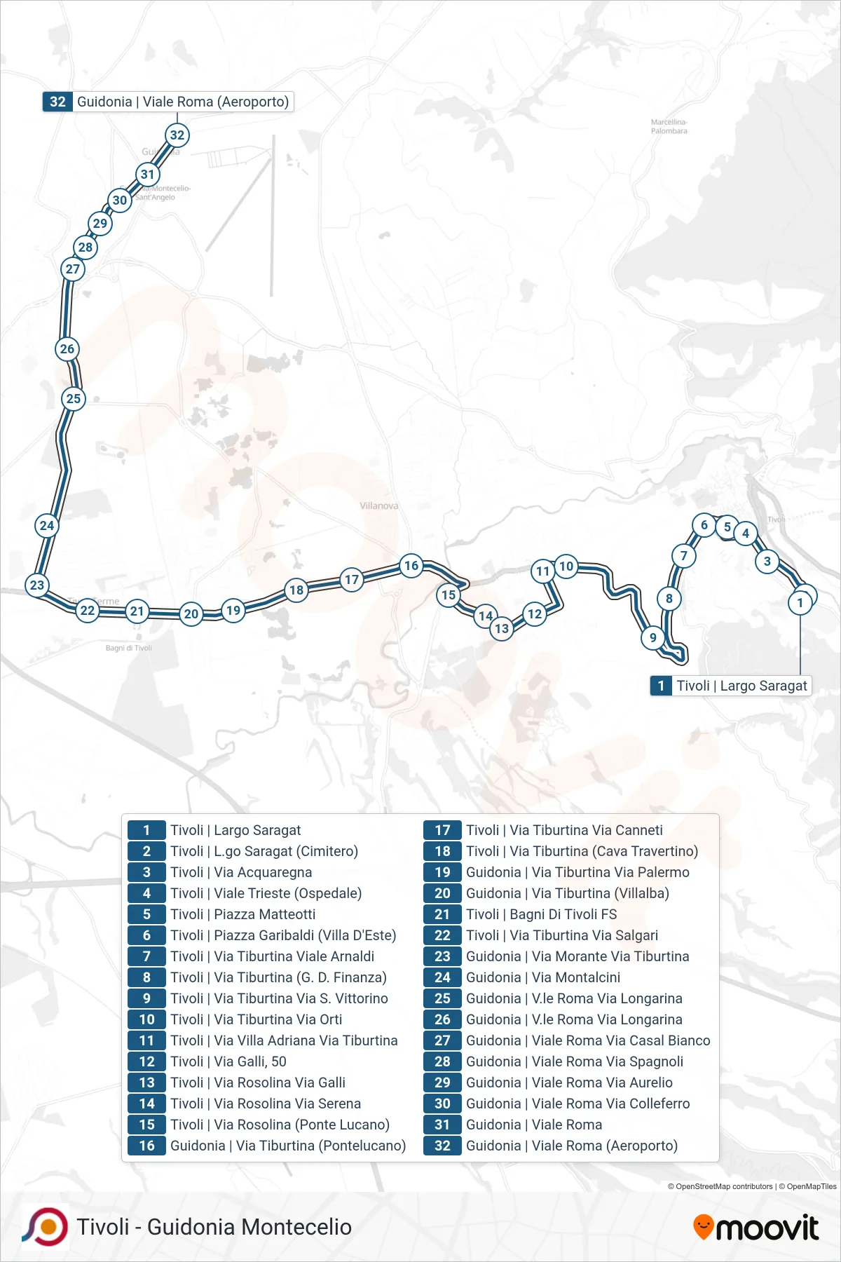 Linea COTRAL bus (Tivoli | Largo Saragat→Guidonia | Viale Roma (Aeroporto)) - Percorsi e fermate sulla mappa