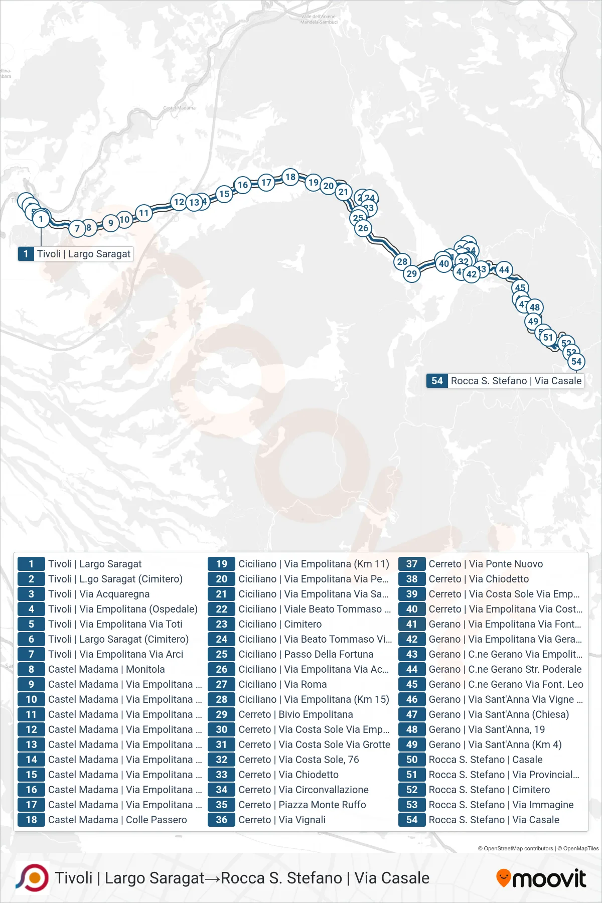 Linea COTRAL  bus (Tivoli | Largo Saragat‎→Rocca S. Stefano | Via Casale) - Percorsi e fermate sulla mappa