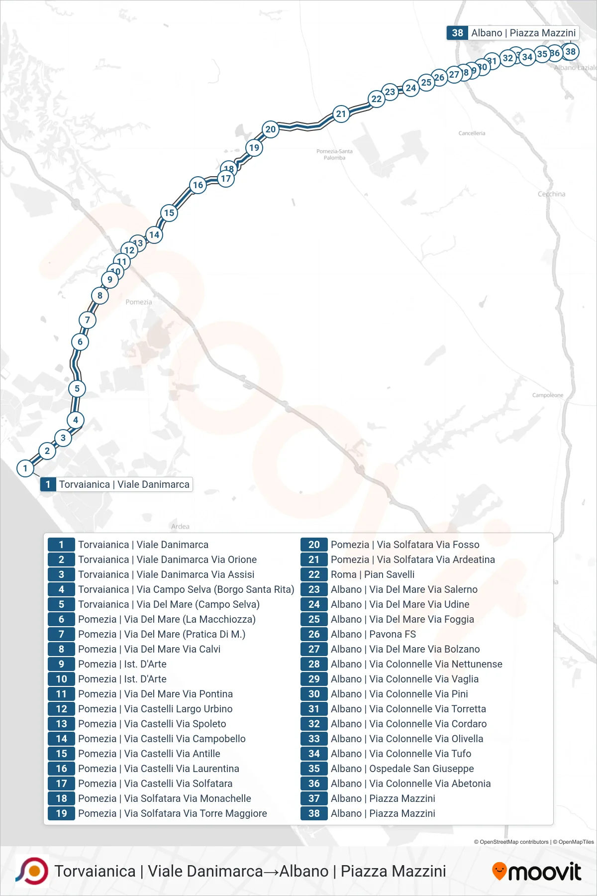 Linea COTRAL bus (Torvaianica | Viale Danimarca→Albano | Piazza Mazzini) - Percorsi e fermate sulla mappa