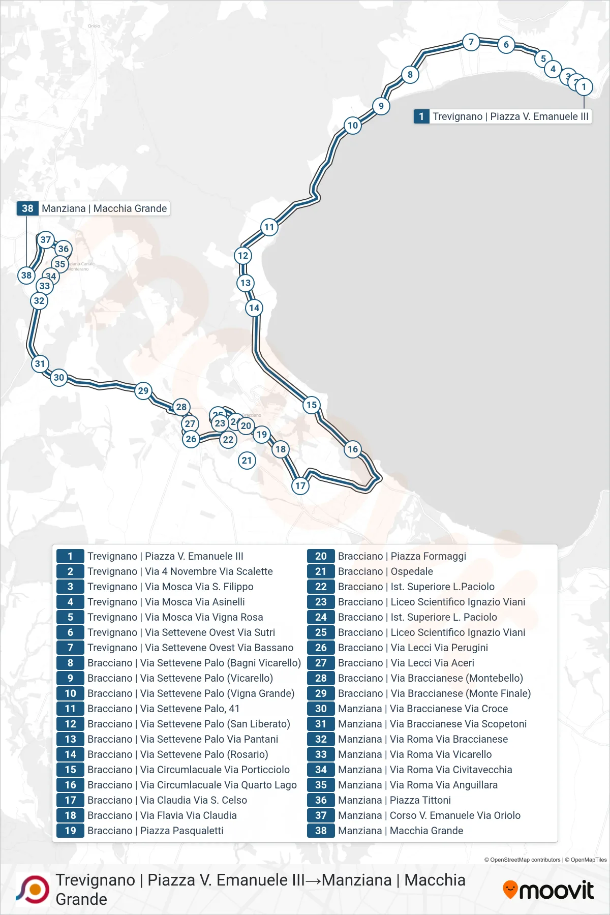 Linea COTRAL bus (Trevignano | Piazza V. Emanuele III→Manziana | Macchia Grande) - Percorsi e fermate sulla mappa