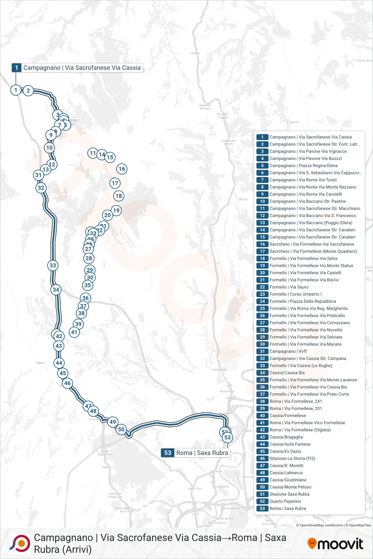 Linea COTRAL bus (Campagnano | Via Sacrofanese Via Cassia→Roma | Saxa Rubra (Arrivi)) - Percorsi e fermate sulla mappa