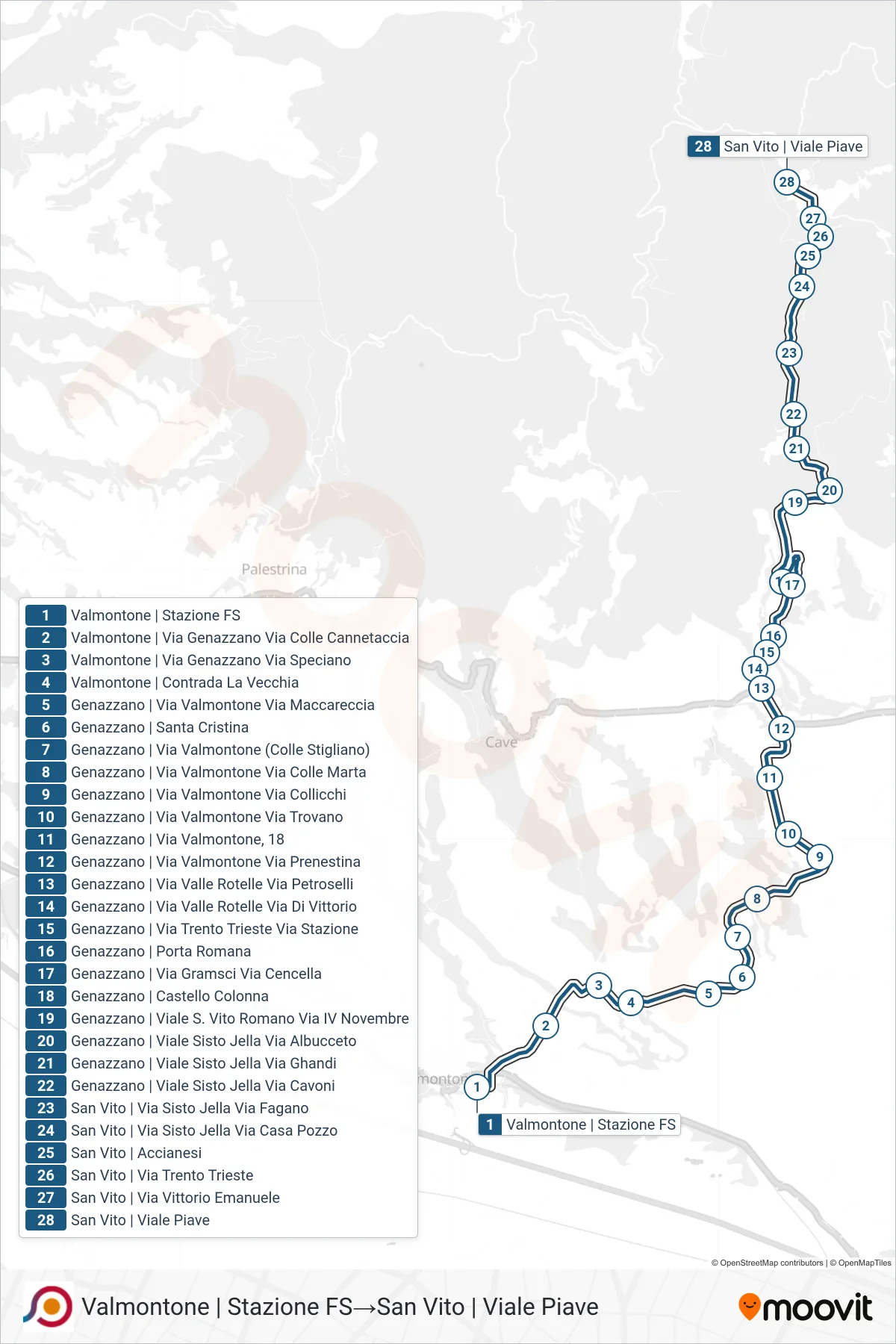 Linea COTRAL bus (Valmontone | Stazione FS→San Vito | Viale Piave) - Percorsi e fermate sulla mappa