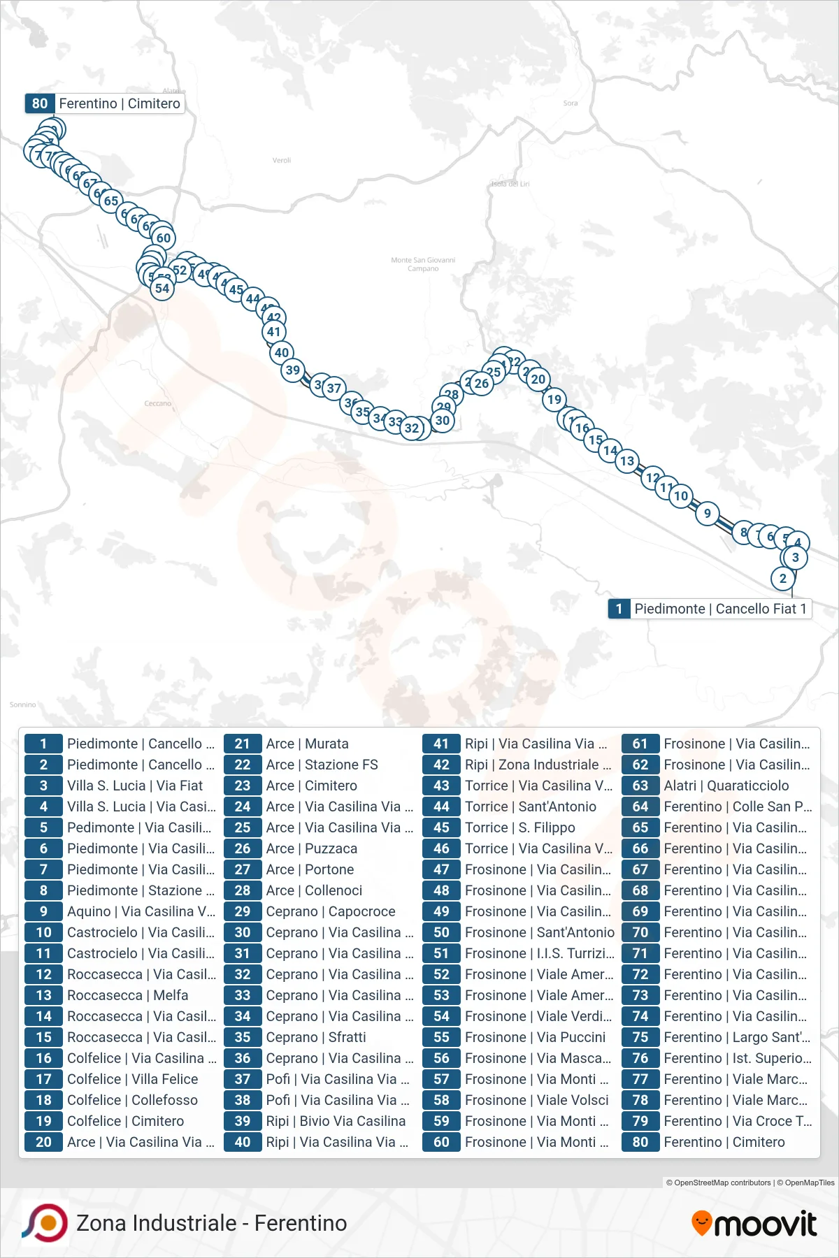 Linea COTRAL  bus (Piedimonte | Cancello Fiat 1‎→Ferentino | Cimitero) - Percorsi e fermate sulla mappa