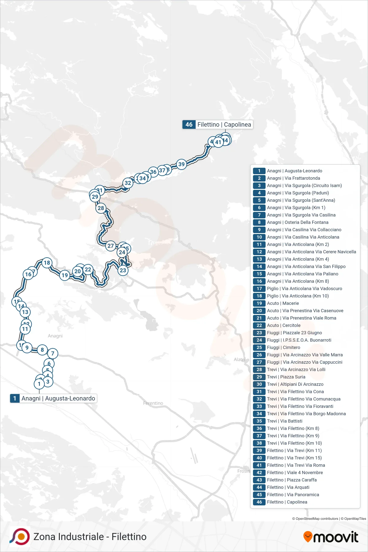 Linea COTRAL bus (Anagni | Augusta-Leonardo→Filettino | Capolinea) - Percorsi e fermate sulla mappa