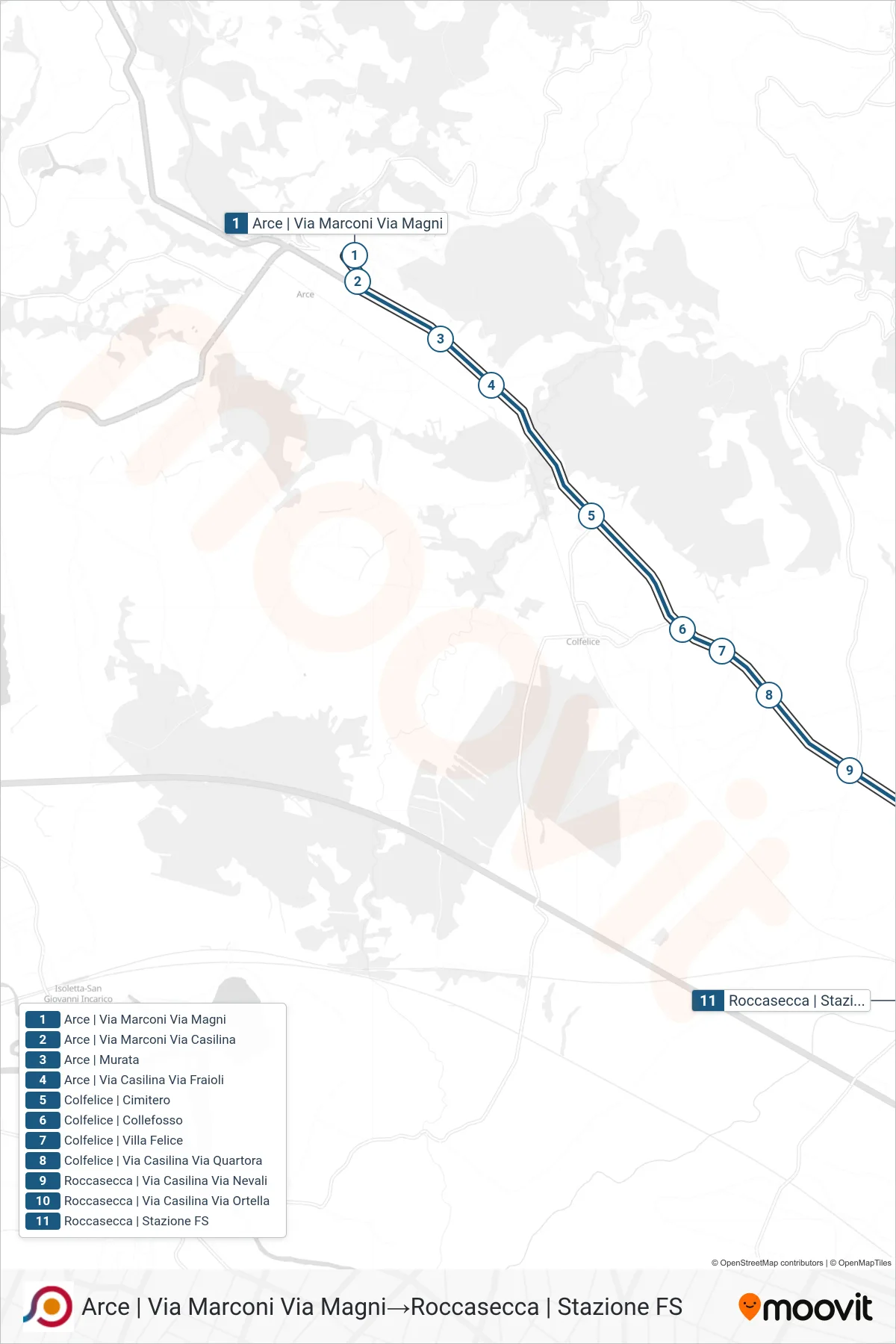 Linea COTRAL bus (Arce | Via Marconi Via Magni→Roccasecca | Stazione FS) - Percorsi e fermate sulla mappa