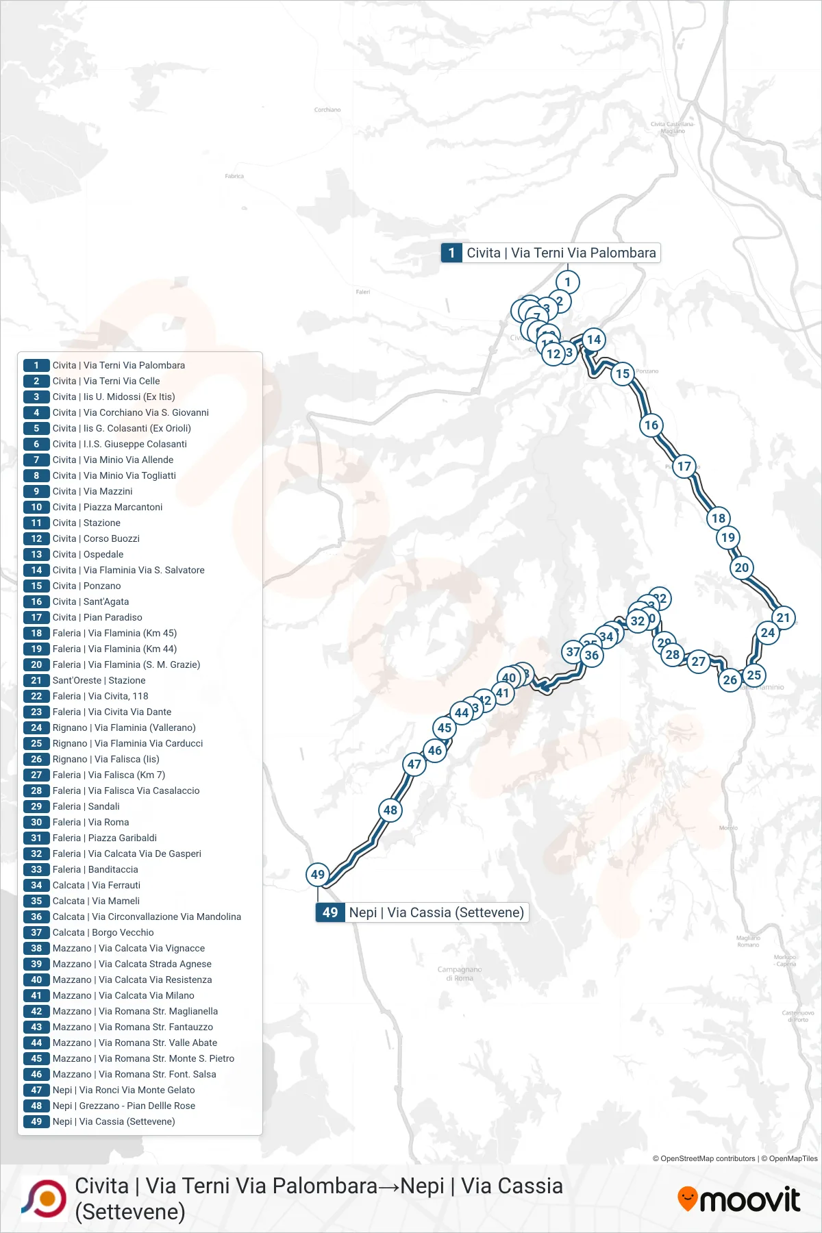 Linea COTRAL bus (Civita | Via Terni Via Palombara→Nepi | Via Cassia (Settevene)) - Percorsi e fermate sulla mappa