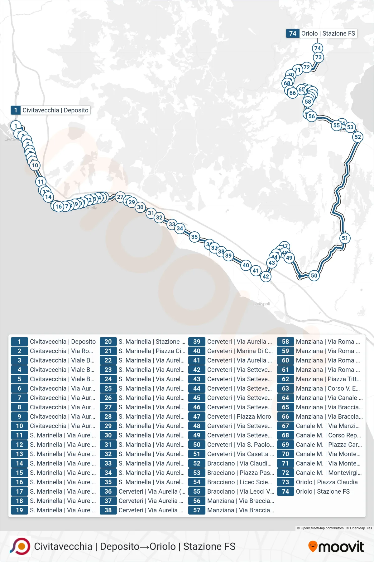 COTRAL bus Line (Civitavecchia Depot→Oriolo Train Station) route and stops on a map