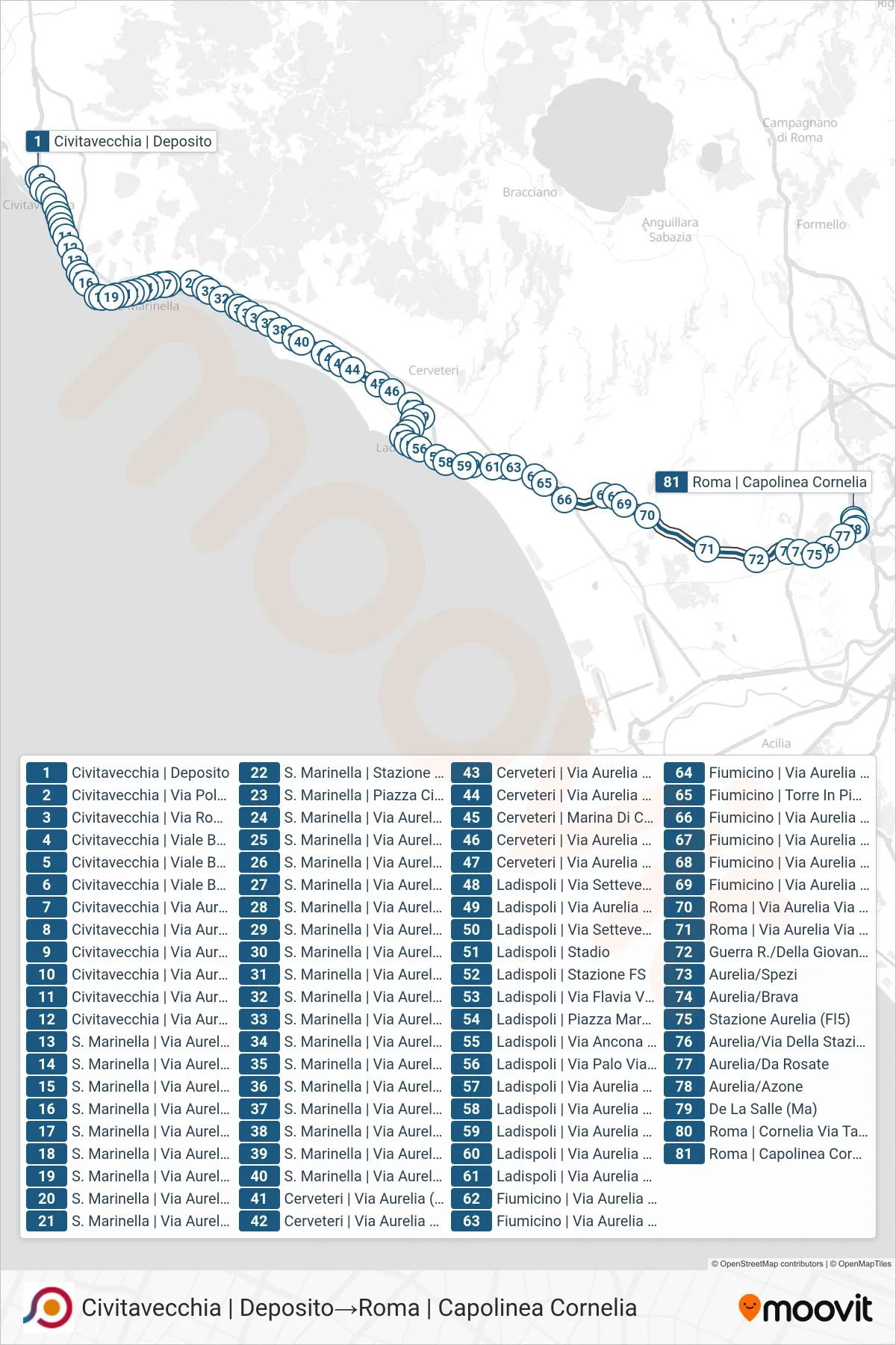 Linea COTRAL bus (Civitavecchia | Deposito→Roma | Capolinea Cornelia) - Percorsi e fermate sulla mappa