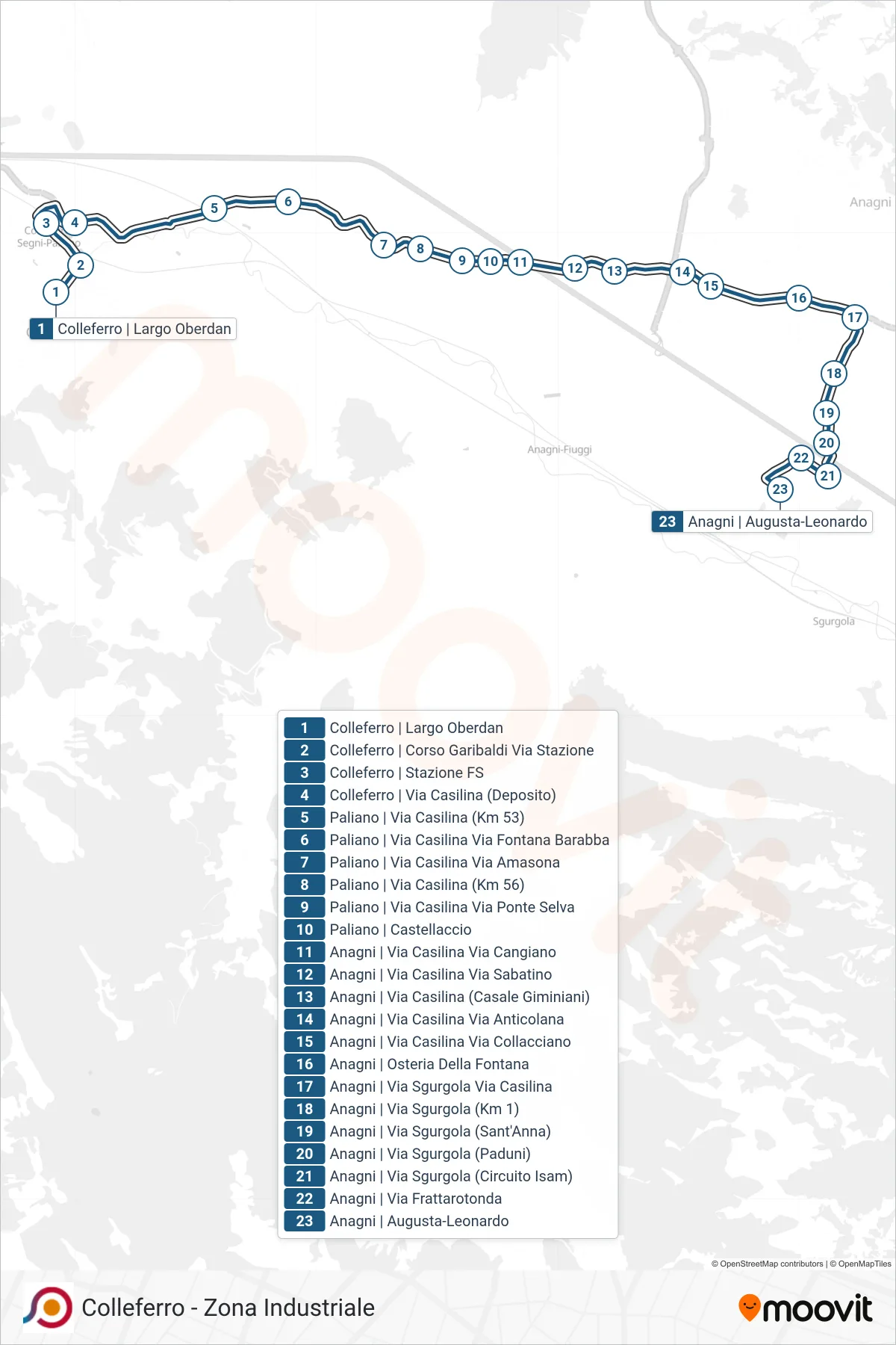 Linea COTRAL bus (Colleferro | Largo Oberdan→Anagni | Augusta-Leonardo) - Percorsi e fermate sulla mappa