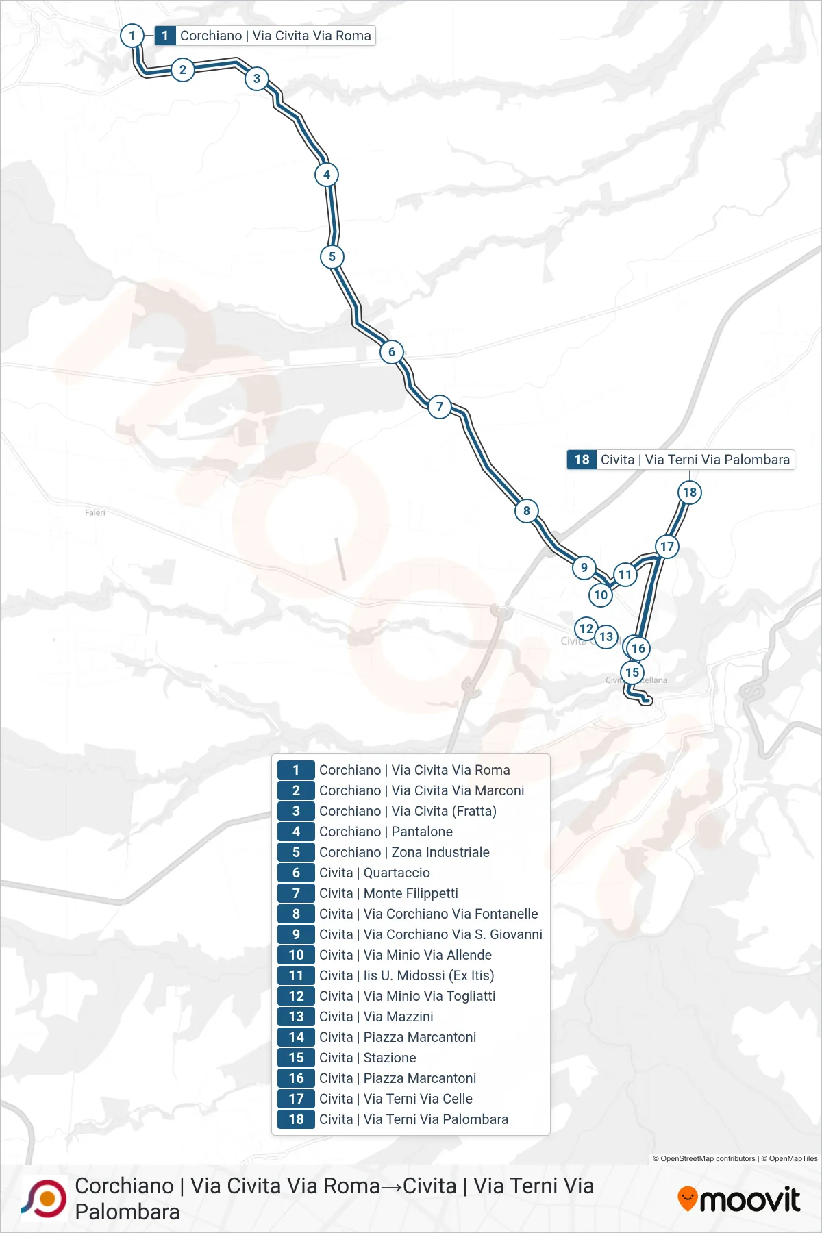 Linea COTRAL bus (Corchiano | Via Civita Via Roma→Civita | Via Terni Via Palombara) - Percorsi e fermate sulla mappa