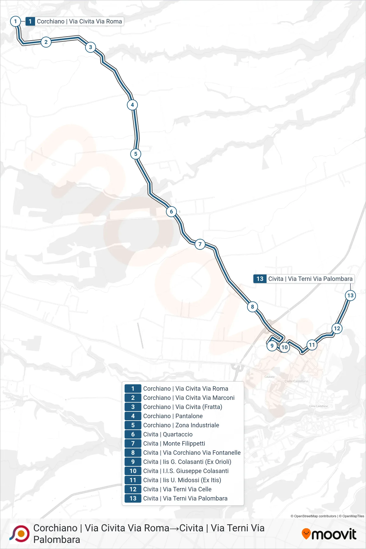 Linea COTRAL bus (Corchiano | Via Civita Via Roma→Civita | Via Terni Via Palombara) - Percorsi e fermate sulla mappa