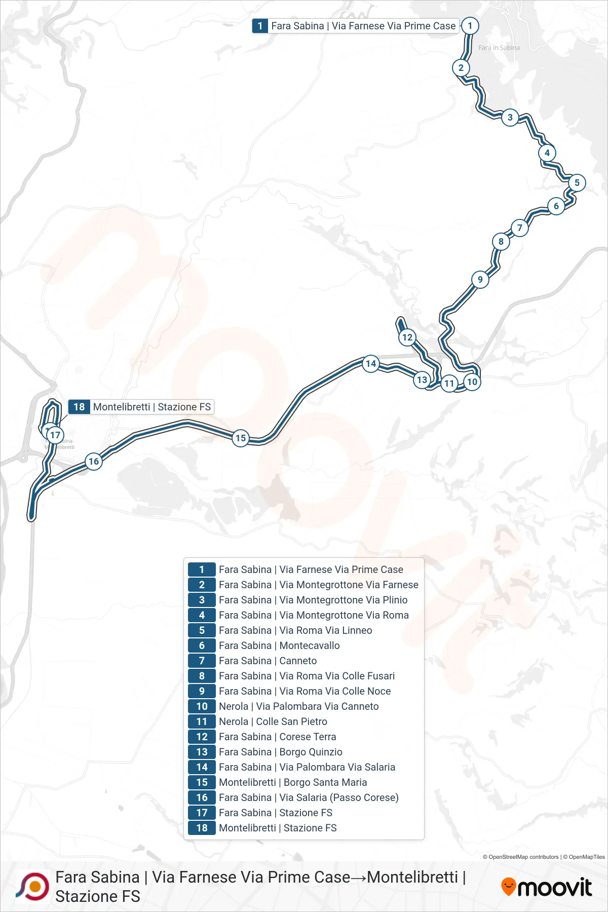 Linea COTRAL bus (Fara Sabina | Via Farnese Via Prime Case→Montelibretti | Stazione FS) - Percorsi e fermate sulla mappa