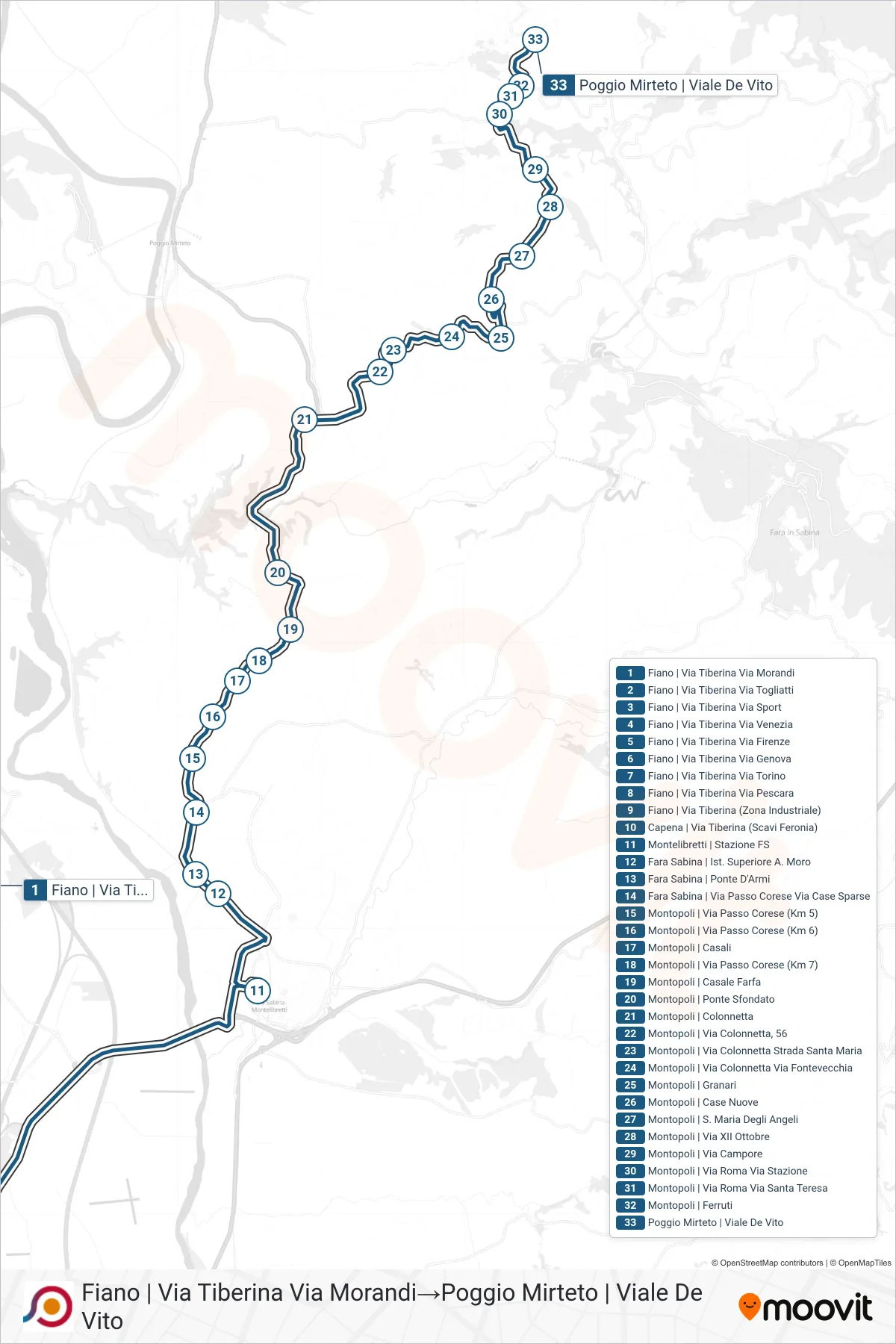 Linea COTRAL bus (Fiano | Via Tiberina Via Morandi→Poggio Mirteto | Viale De Vito) - Percorsi e fermate sulla mappa