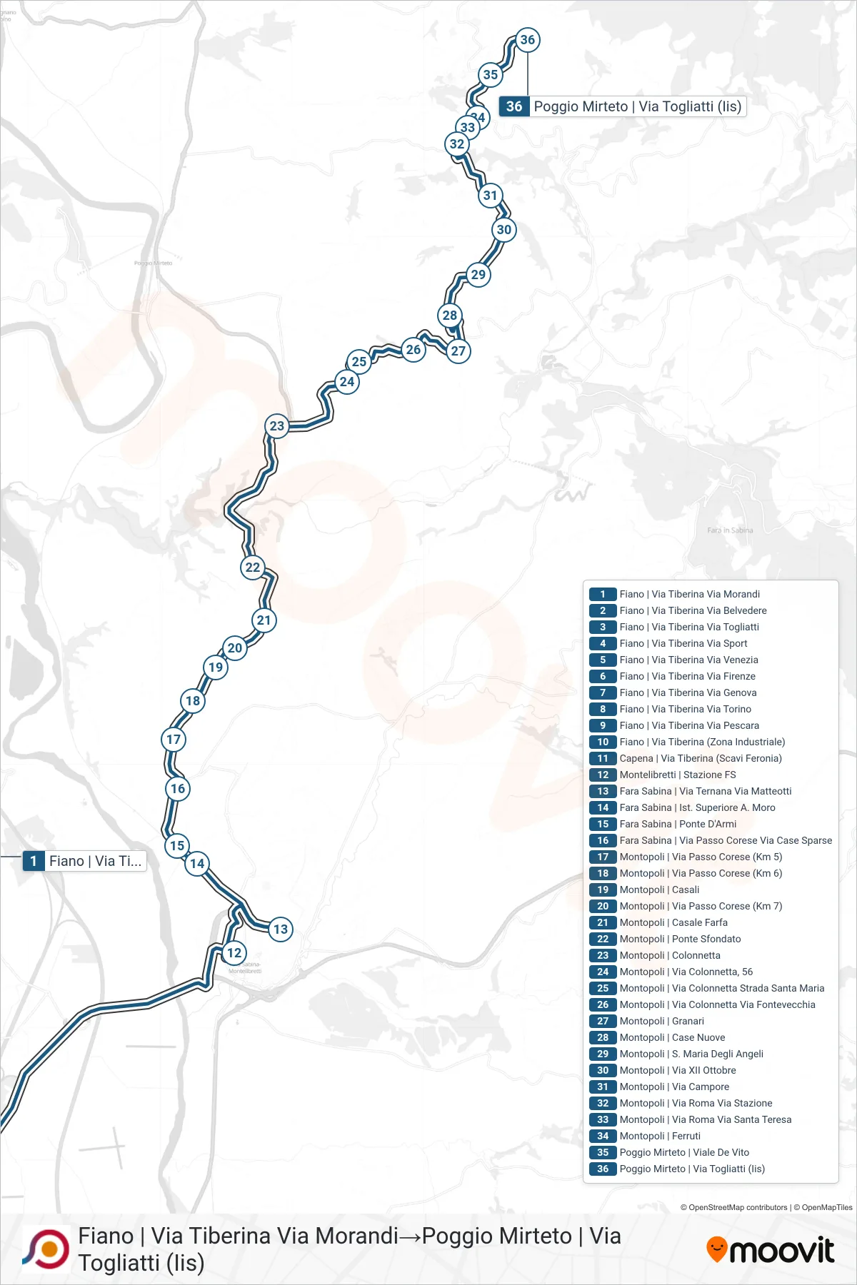 Linea COTRAL bus (Fiano | Via Tiberina Via Morandi→Poggio Mirteto | Via Togliatti (Iis)) - Percorsi e fermate sulla mappa
