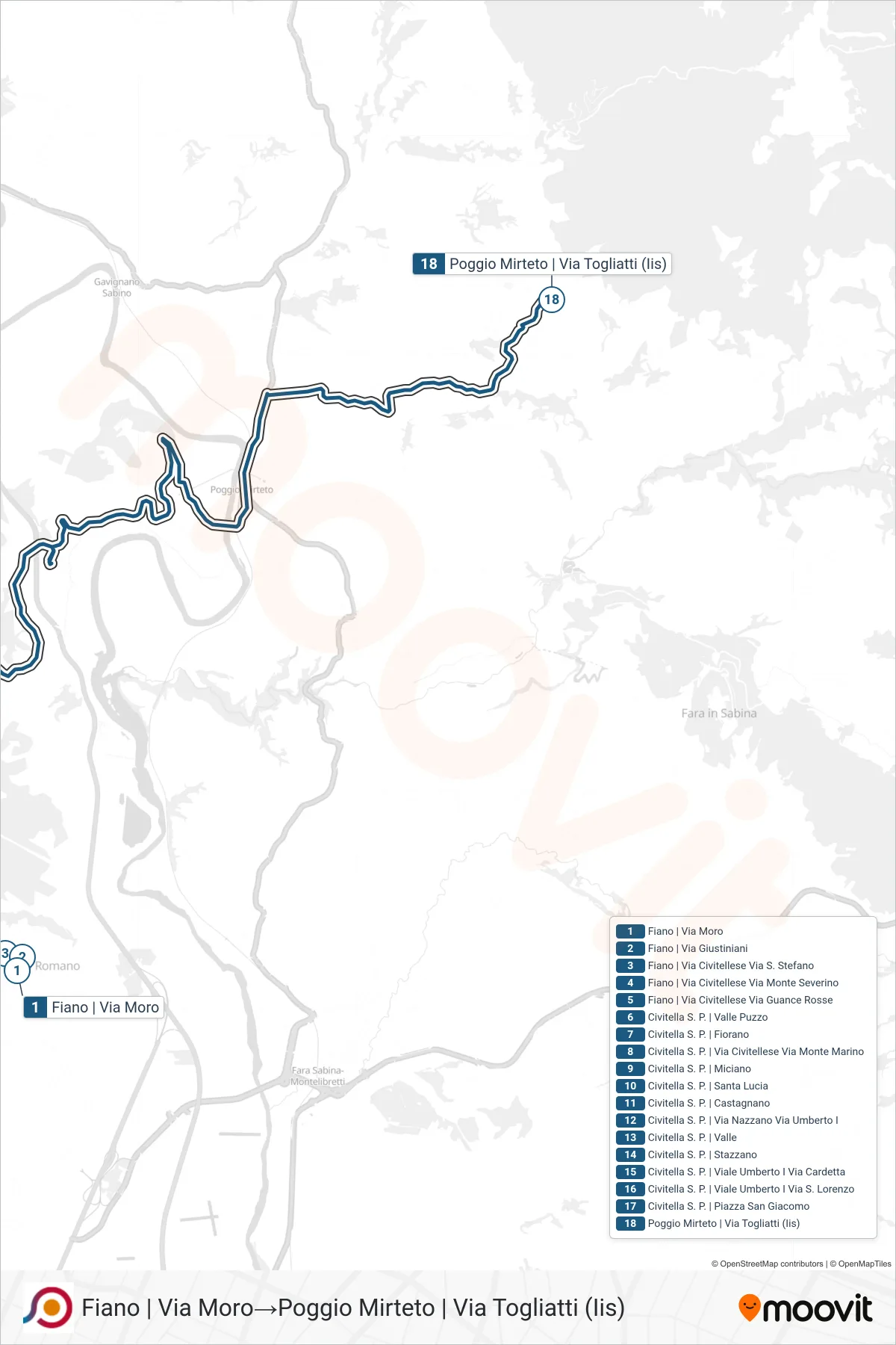 Linea COTRAL bus (Fiano | Via Moro→Poggio Mirteto | Via Togliatti (Iis)) - Percorsi e fermate sulla mappa