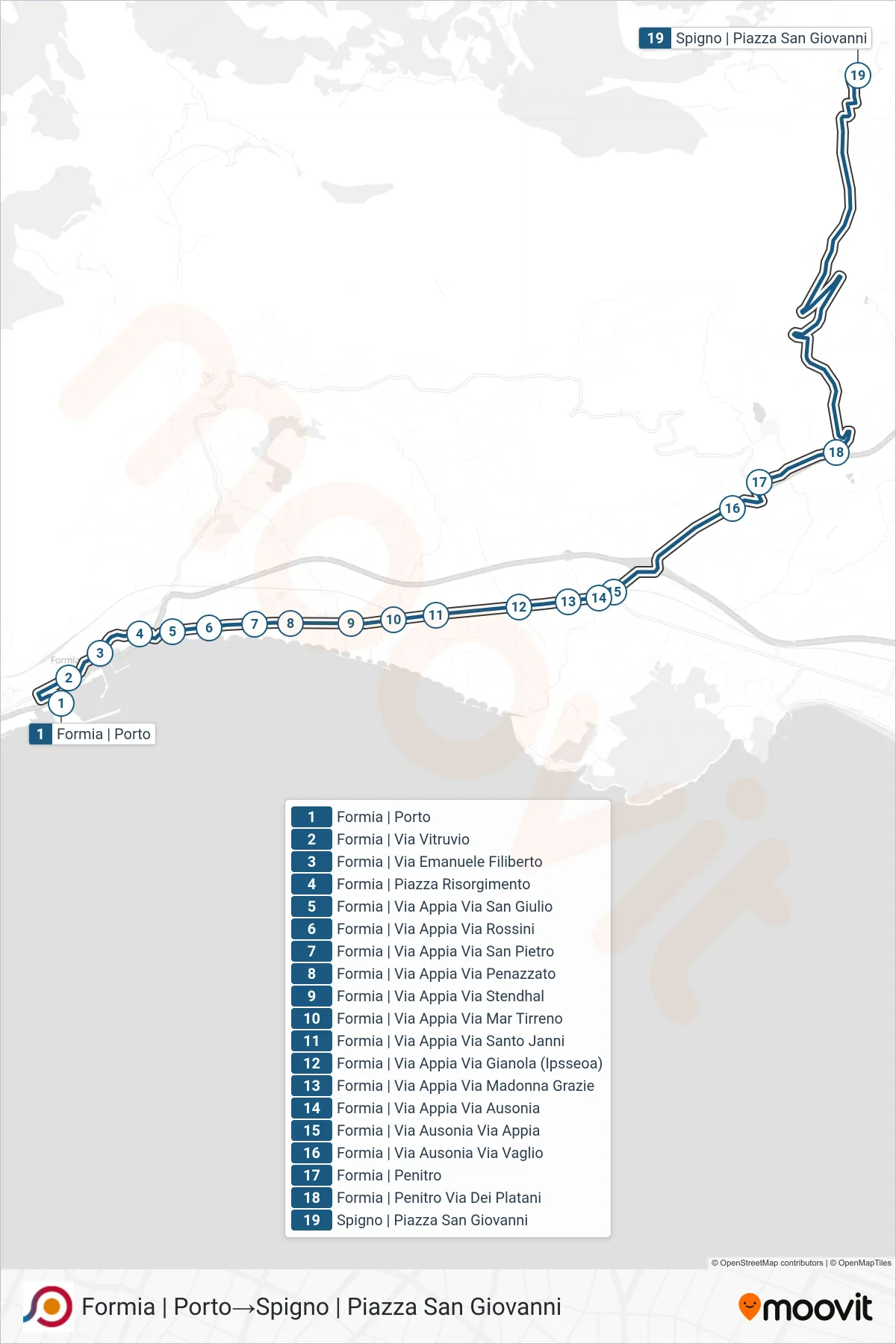 Linea COTRAL  bus (Formia | Porto‎→Spigno | Piazza San Giovanni) - Percorsi e fermate sulla mappa