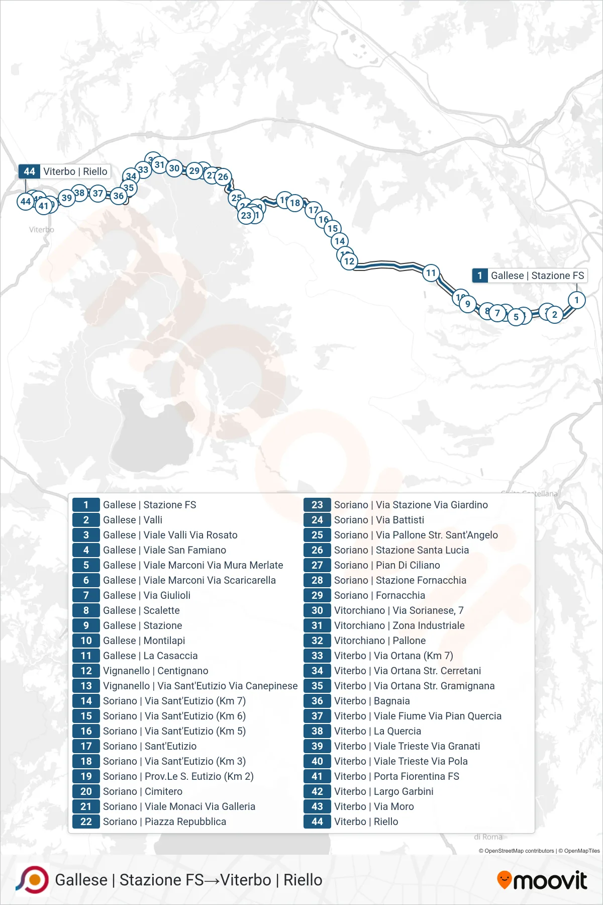 Linea COTRAL  bus (Gallese | Stazione FS‎→Viterbo | Riello) - Percorsi e fermate sulla mappa