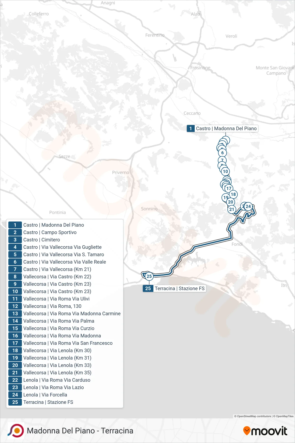 Linea COTRAL  bus (Castro | Madonna Del Piano‎→Terracina | Stazione FS) - Percorsi e fermate sulla mappa