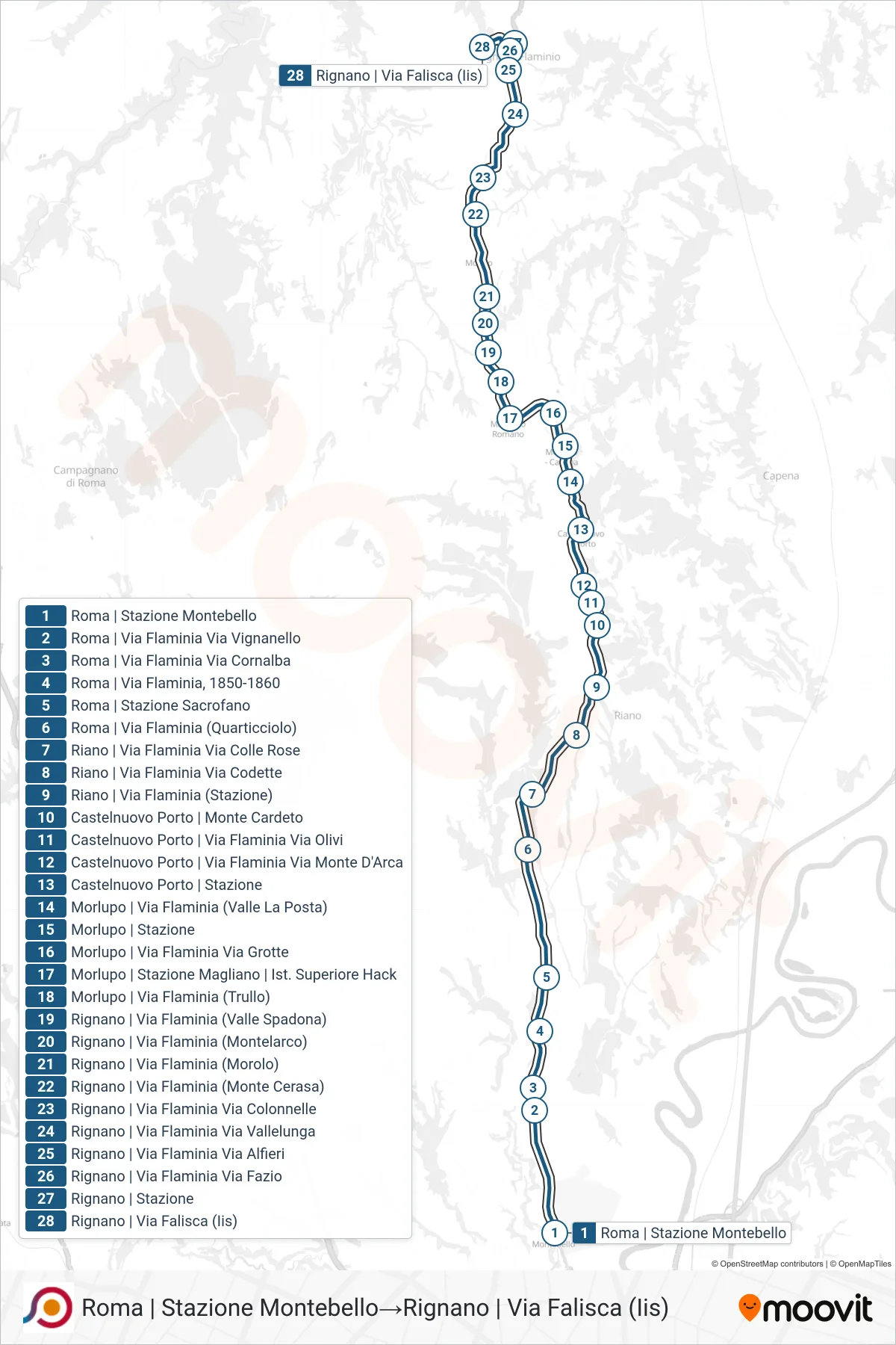 Linea COTRAL  bus (Roma | Stazione Montebello‎→Rignano | Via Falisca (Iis)) - Percorsi e fermate sulla mappa