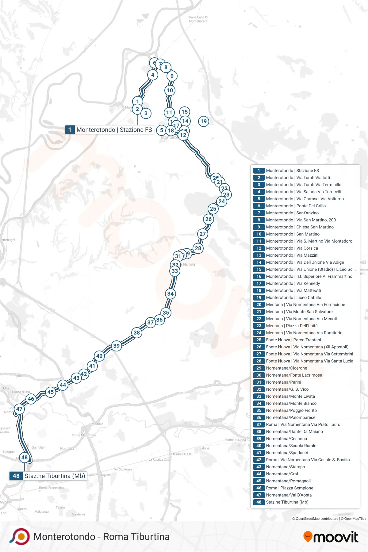 Linea COTRAL bus (Monterotondo | Stazione FS→Roma | Stazione Tiburtina FS) - Percorsi e fermate sulla mappa