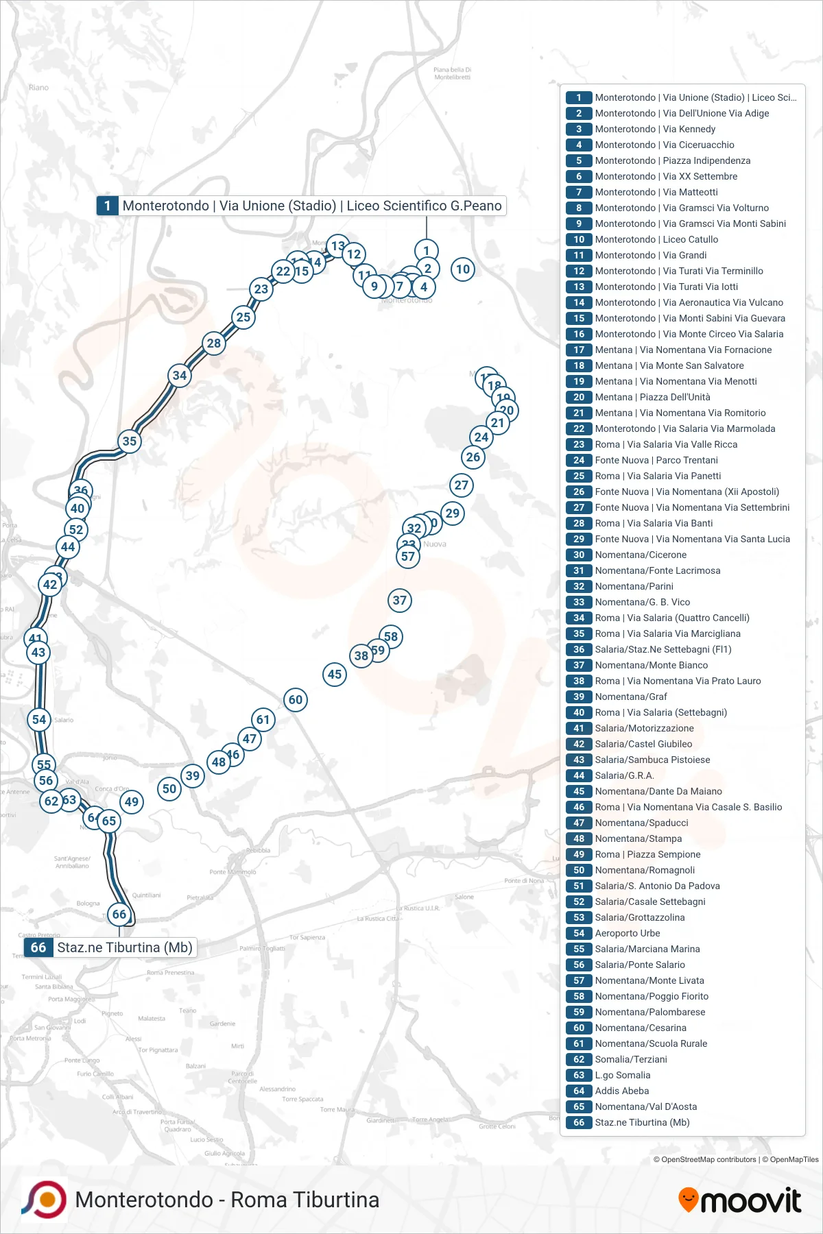 Linea COTRAL bus (Monterotondo | Via Unione (Stadio) | Liceo Scientifico G.Peano→Roma | Stazione Tiburtina FS) - Percorsi e fermate sulla mappa