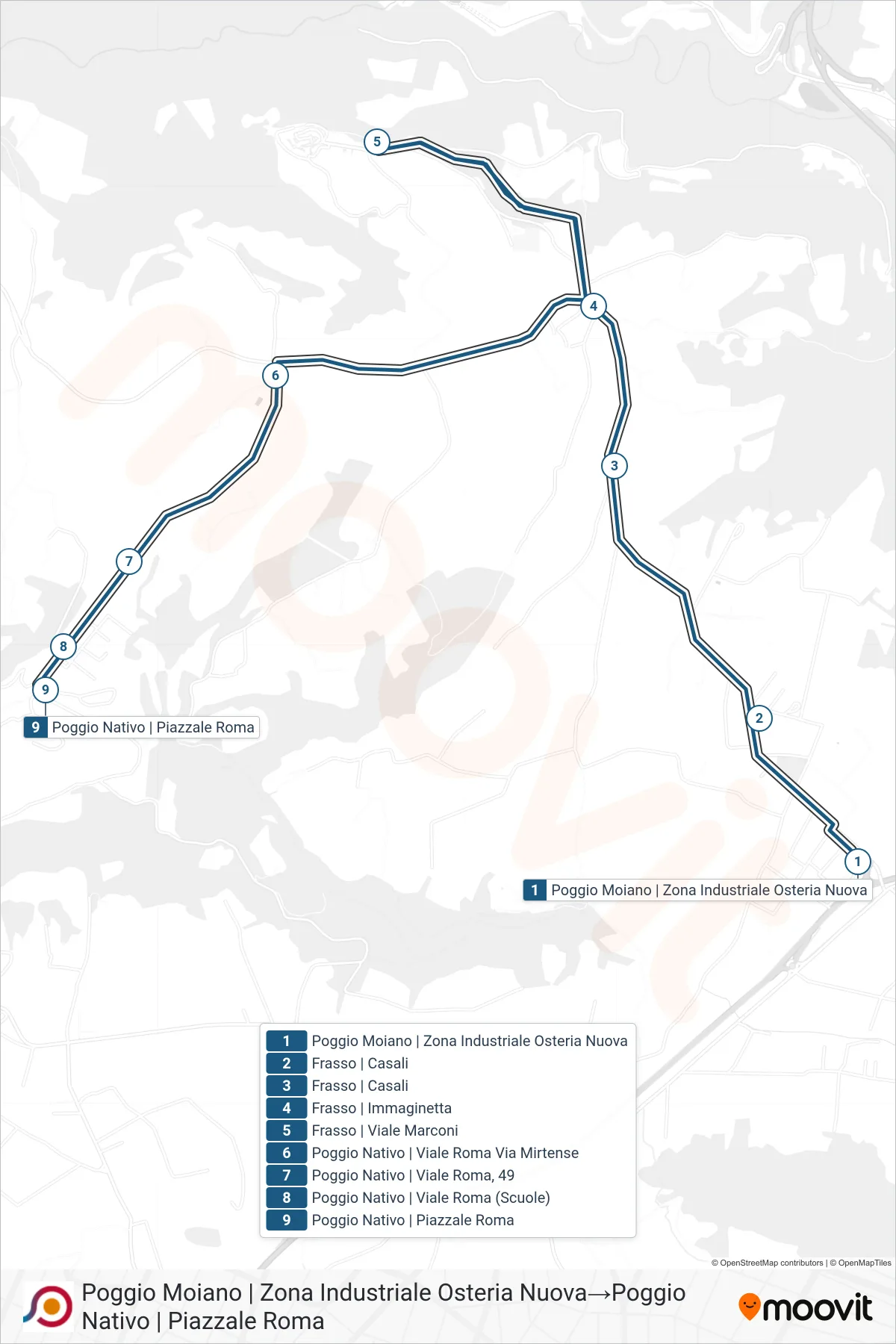 Linea COTRAL bus (Poggio Moiano | Zona Industriale Osteria Nuova→Poggio Nativo | Piazzale Roma) - Percorsi e fermate sulla mappa