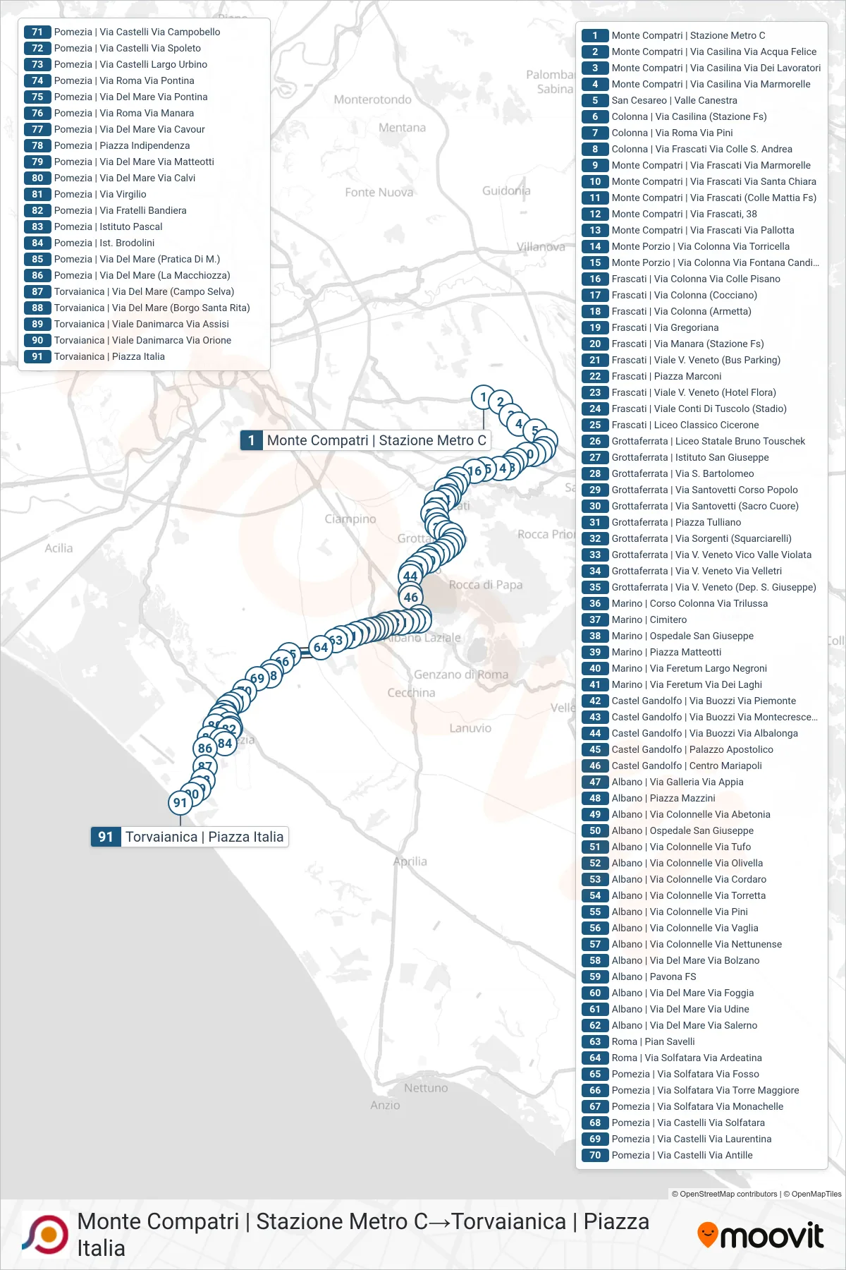 Linea COTRAL bus (Monte Compatri | Stazione Metro C→Torvaianica | Piazza Italia) - Percorsi e fermate sulla mappa