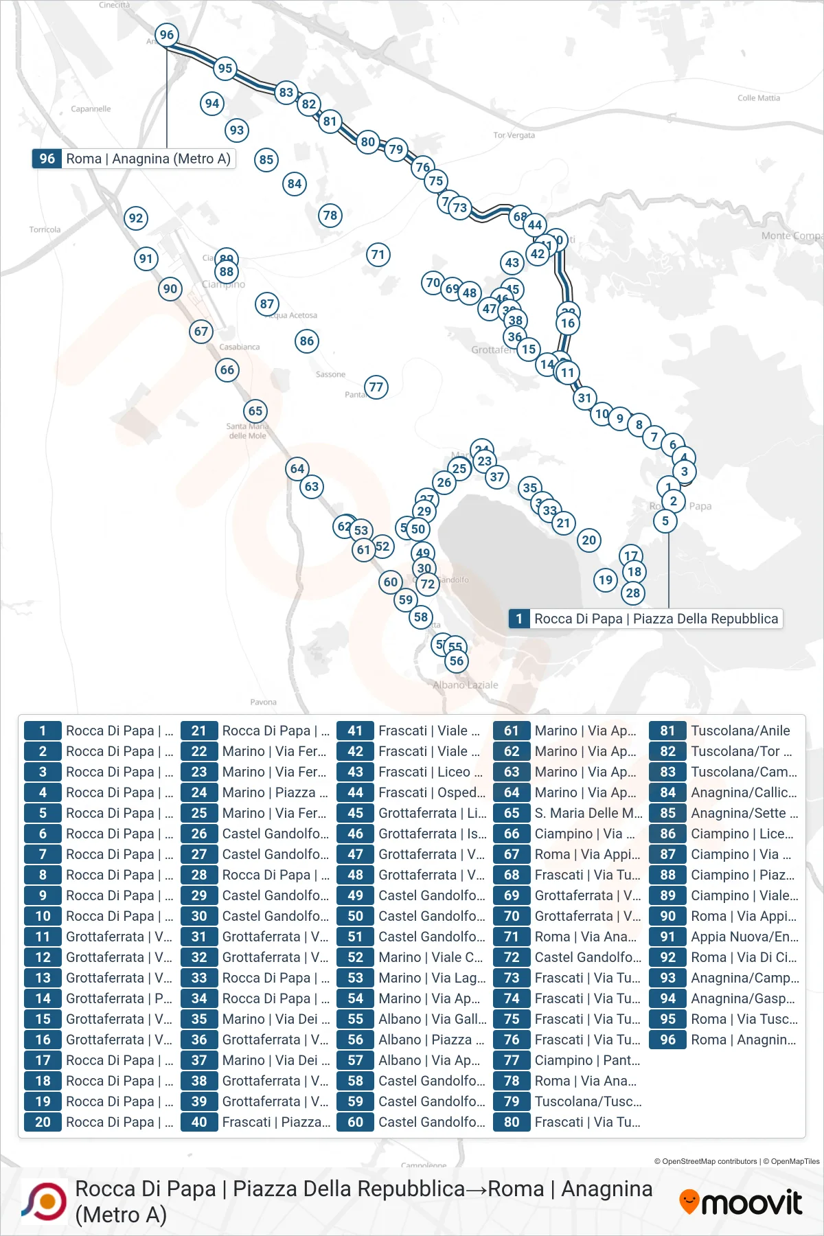 Linea COTRAL bus (Rocca Di Papa | Piazza Della Repubblica→Roma | Anagnina (Metro A)) - Percorsi e fermate sulla mappa
