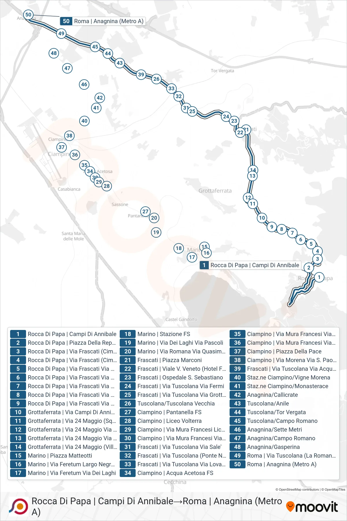 Linea COTRAL bus (Rocca Di Papa | Campi Di Annibale→Roma | Anagnina (Metro A)) - Percorsi e fermate sulla mappa
