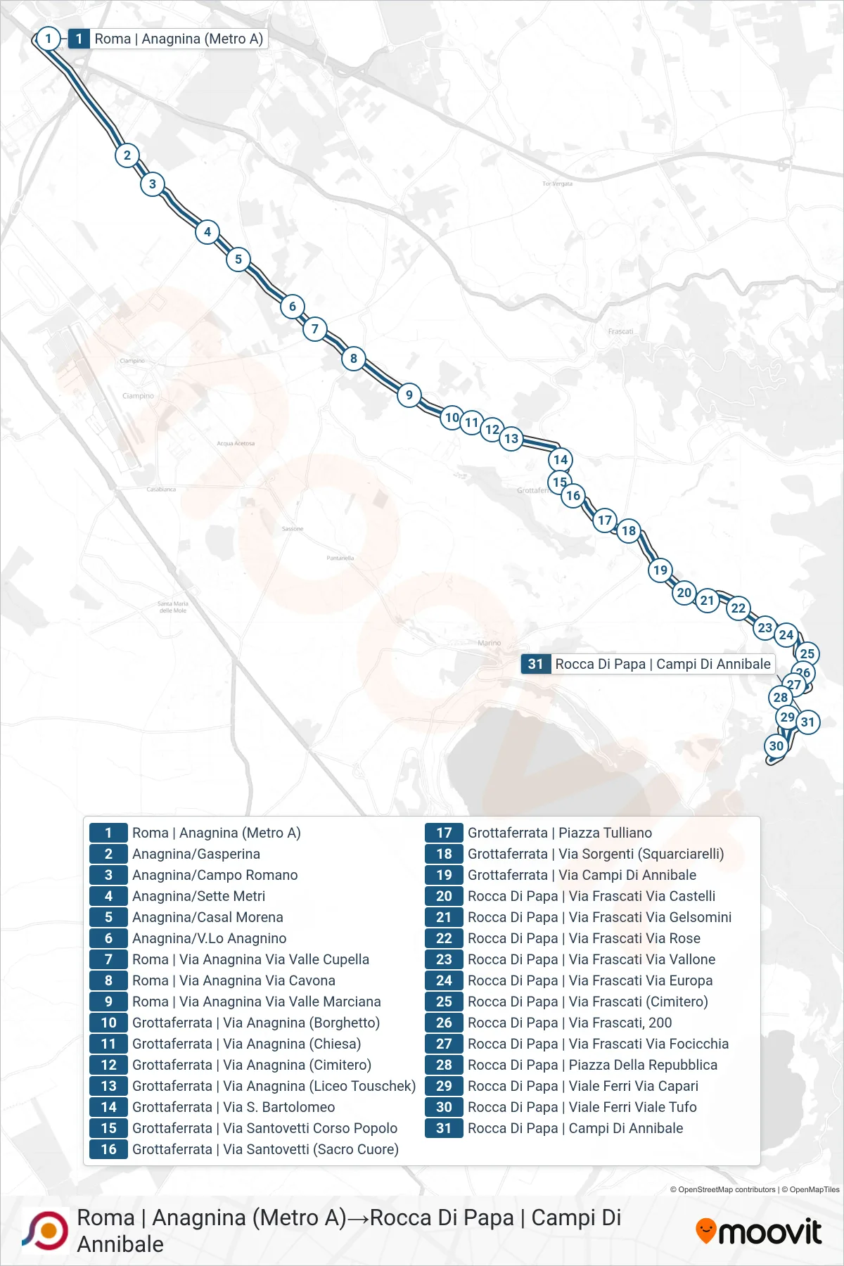Linea COTRAL bus (Roma | Anagnina (Metro A)→Rocca Di Papa | Campi Di Annibale) - Percorsi e fermate sulla mappa
