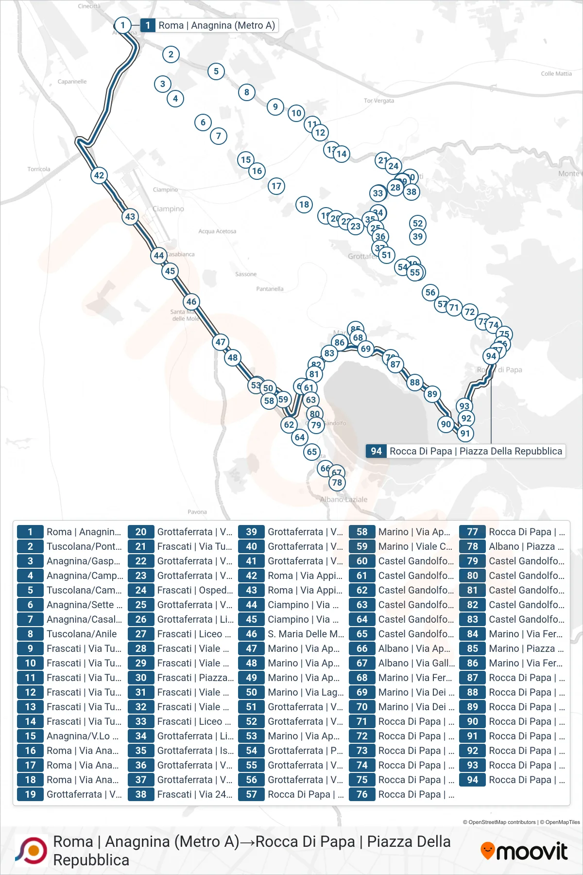Linea COTRAL bus (Roma | Anagnina (Metro A)→Rocca Di Papa | Piazza Della Repubblica) - Percorsi e fermate sulla mappa