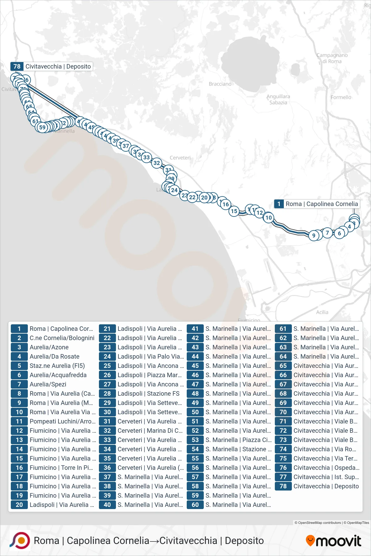 Linea COTRAL bus (Roma | Capolinea Cornelia→Civitavecchia | Deposito) - Percorsi e fermate sulla mappa