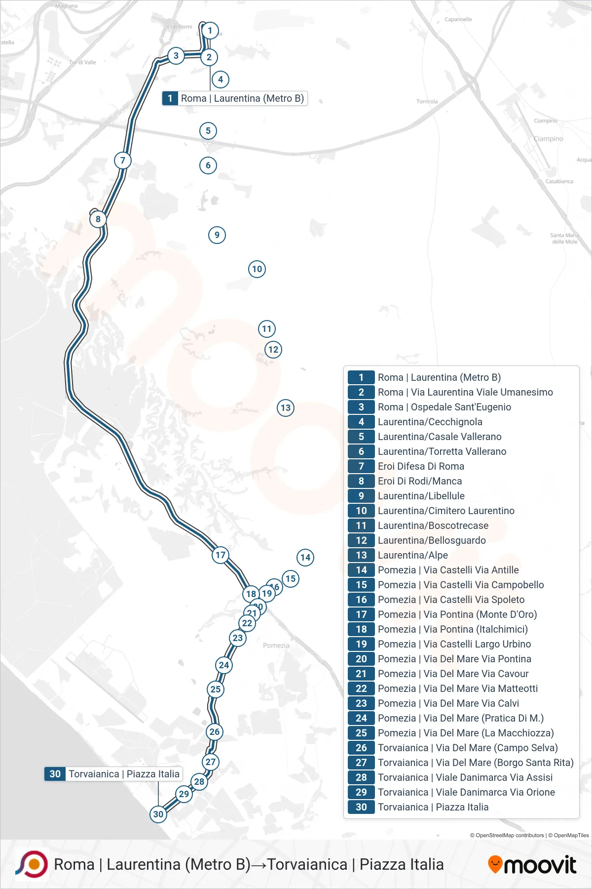 Linea COTRAL bus (Roma | Laurentina (Metro B)→Torvaianica | Piazza Italia) - Percorsi e fermate sulla mappa