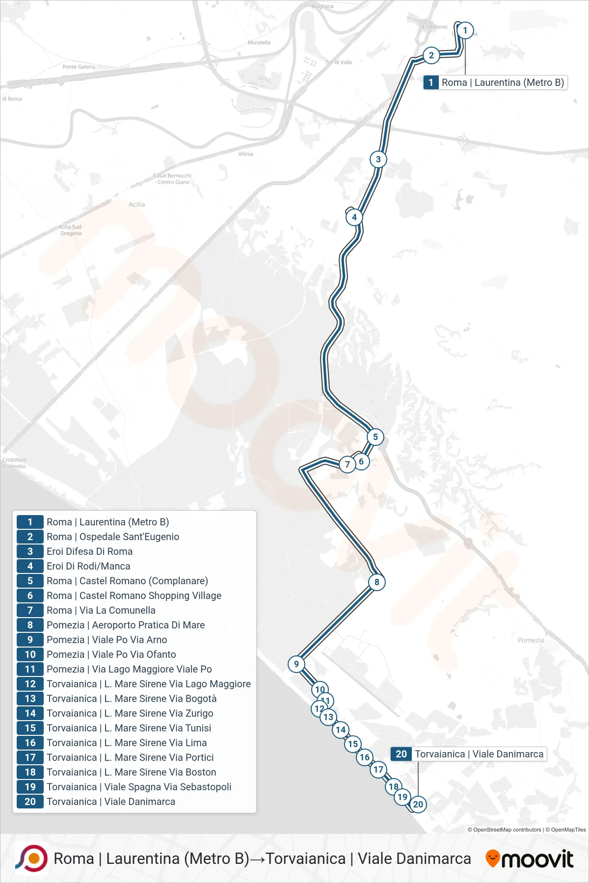 Linea COTRAL bus (Roma | Laurentina (Metro B)→Torvaianica | Viale Danimarca) - Percorsi e fermate sulla mappa