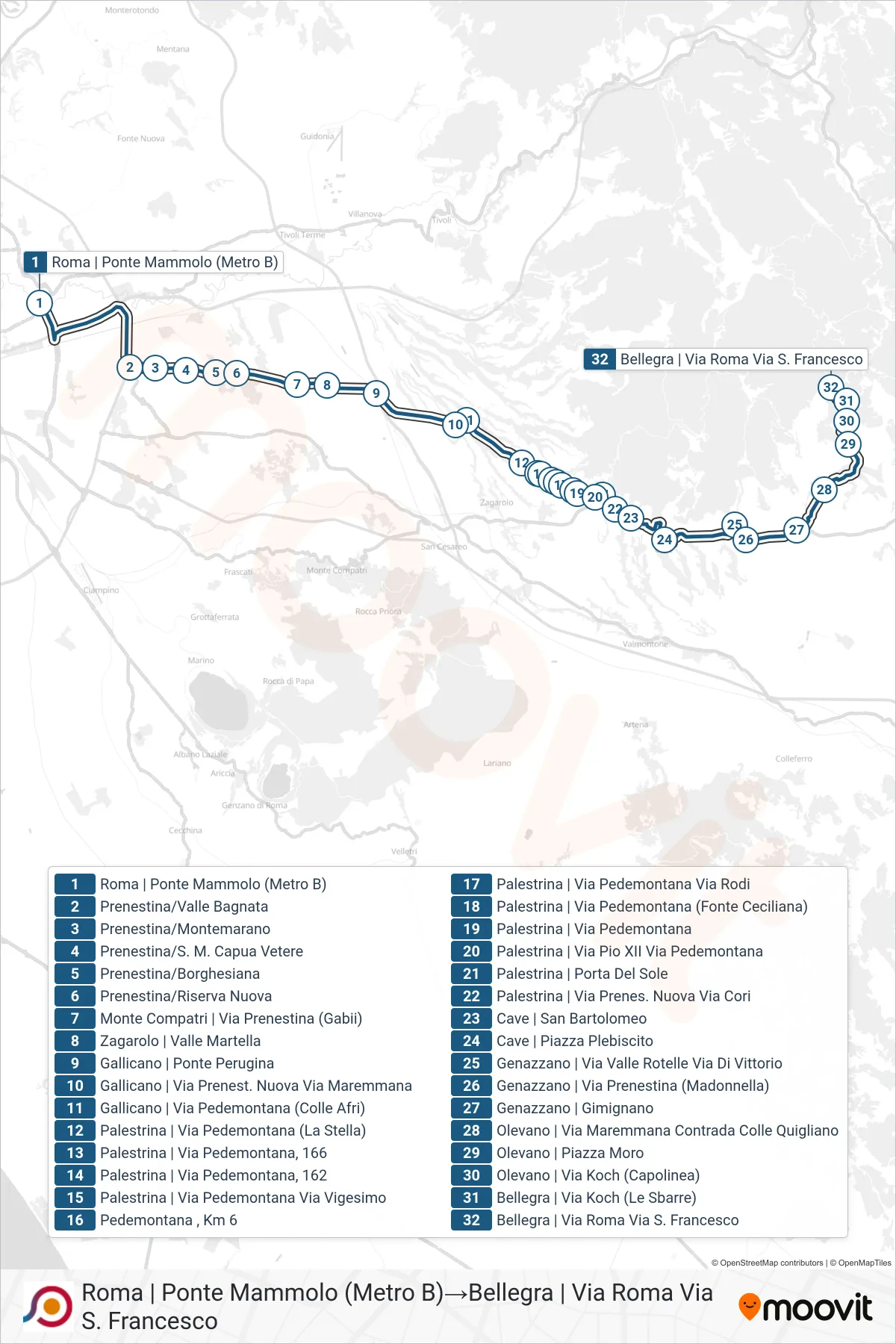 Linea COTRAL bus (Roma | Ponte Mammolo (Metro B)→Bellegra | Via Roma Via S. Francesco) - Percorsi e fermate sulla mappa