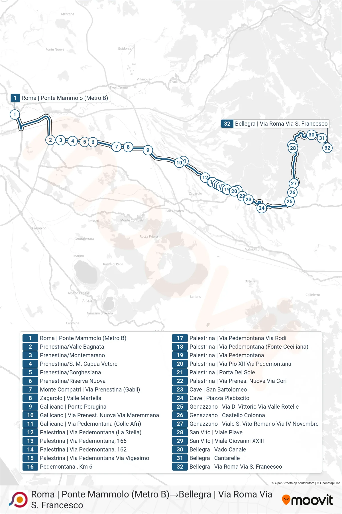 Linea COTRAL bus (Roma | Ponte Mammolo (Metro B)→Bellegra | Via Roma Via S. Francesco) - Percorsi e fermate sulla mappa