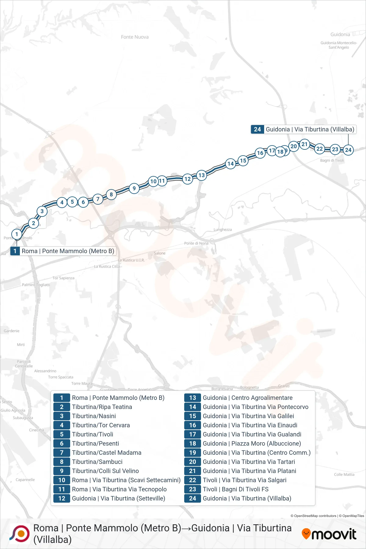 Linea COTRAL bus (Roma | Ponte Mammolo (Metro B)→Guidonia | Via Tiburtina (Villalba)) - Percorsi e fermate sulla mappa